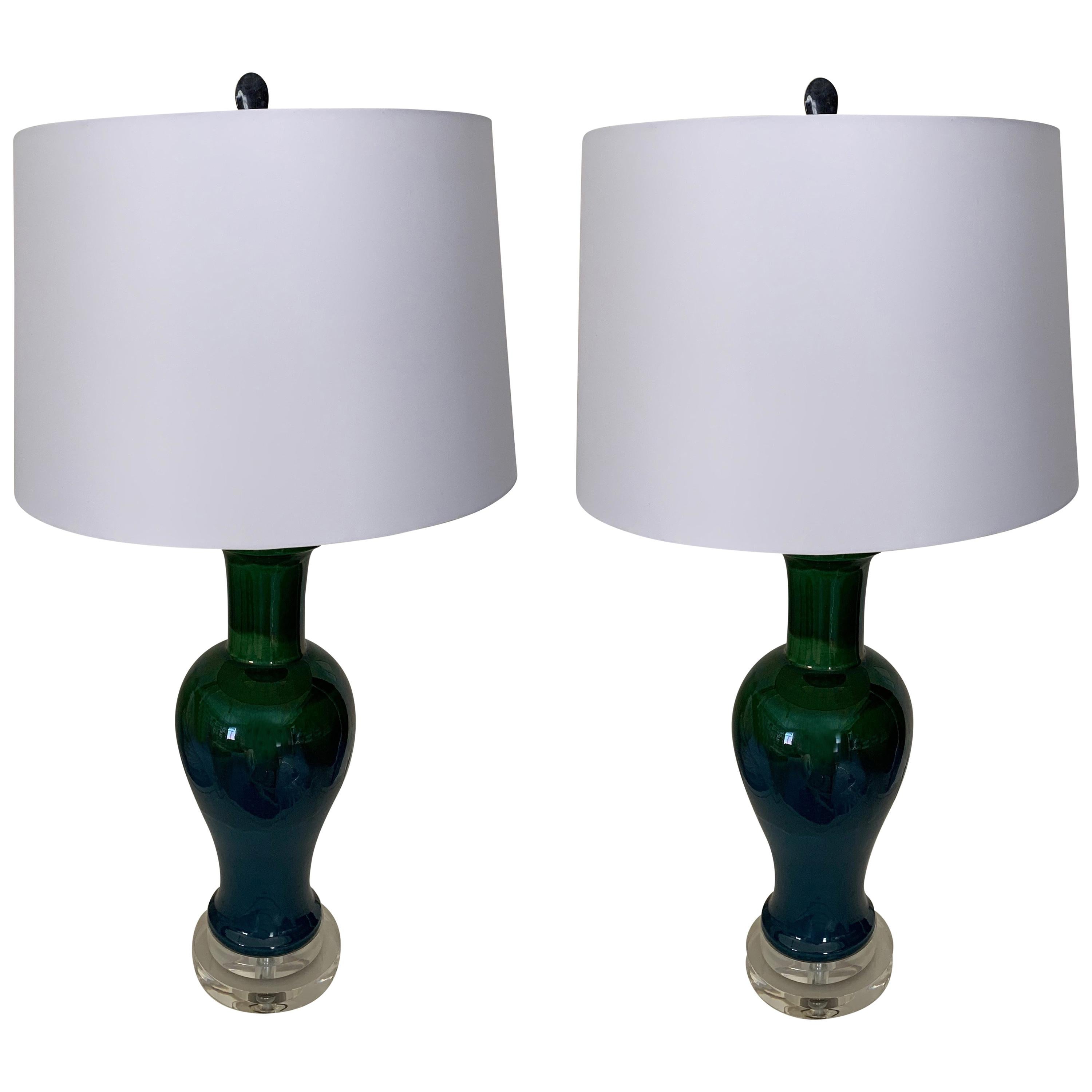 Pair of Midcentury Blue/ Green Drip Glaze Ceramic Lamps