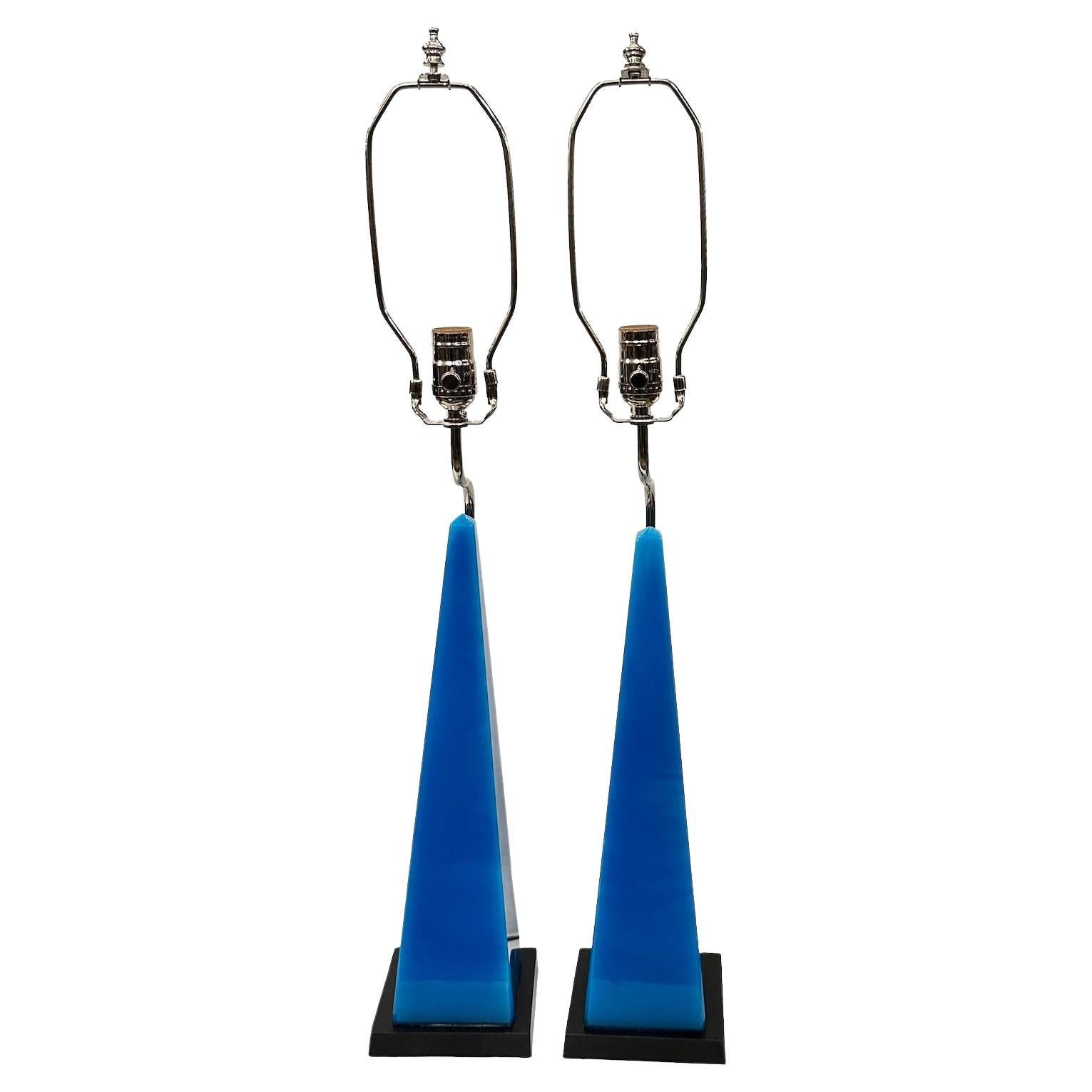 Pair of Midcentury Blue Obelisk Lamps For Sale