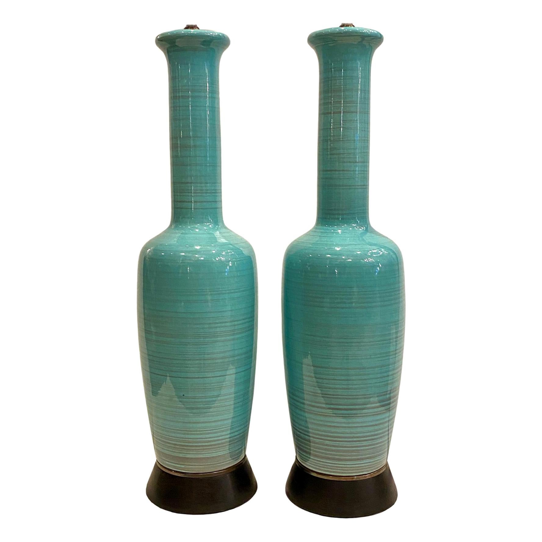 Pair of Midcentury Blue Porcelain Lamps For Sale