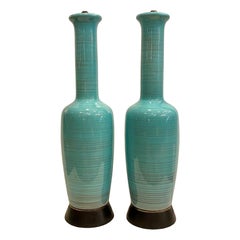 Vintage Pair of Midcentury Blue Porcelain Lamps