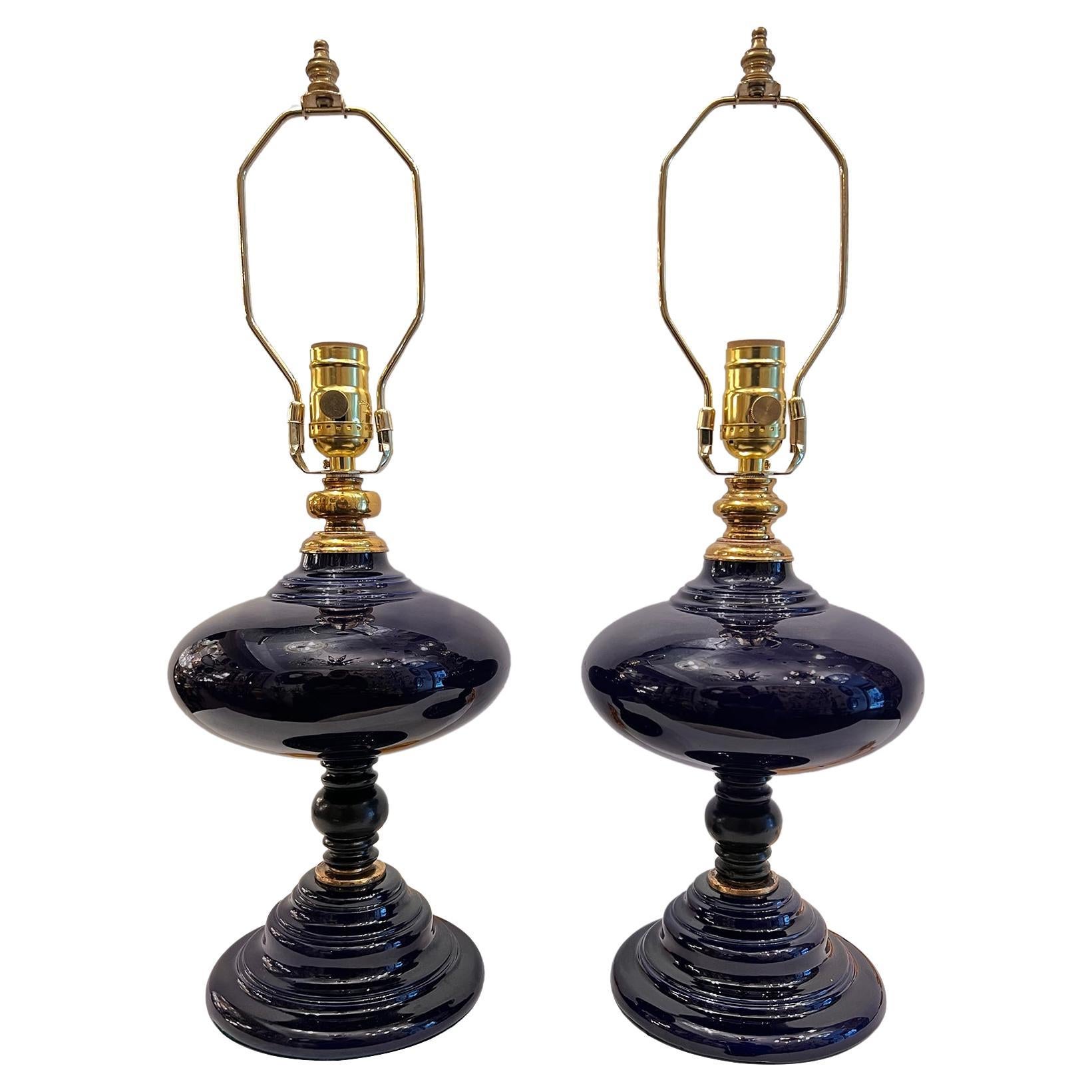 Pair of Midcentury Blue Porcelain Lamps