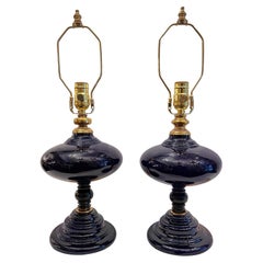 Paar blaue Porzellanlampen aus der Jahrhundertmitte