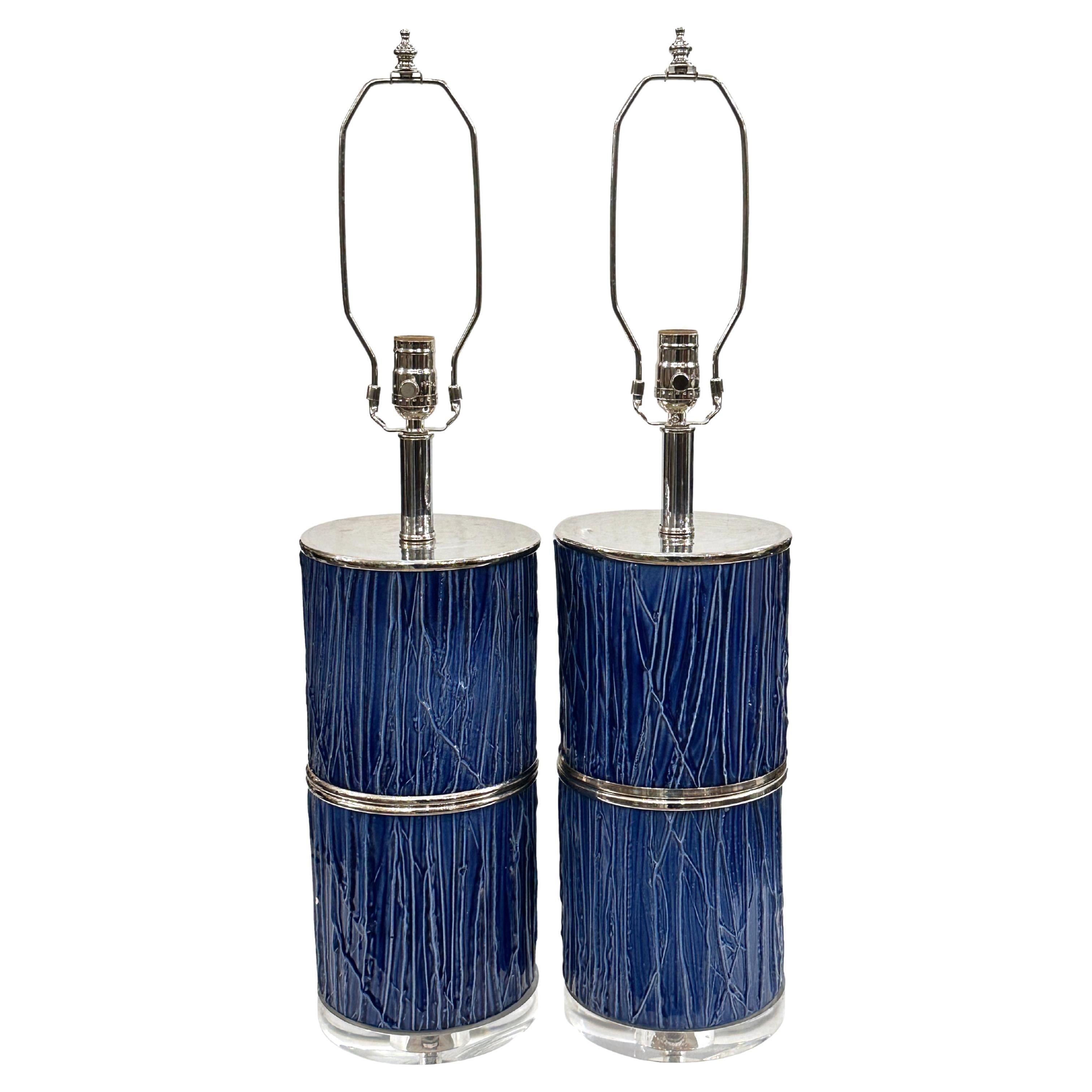 Pair of Midcentury Blue Porcelain Lamps For Sale