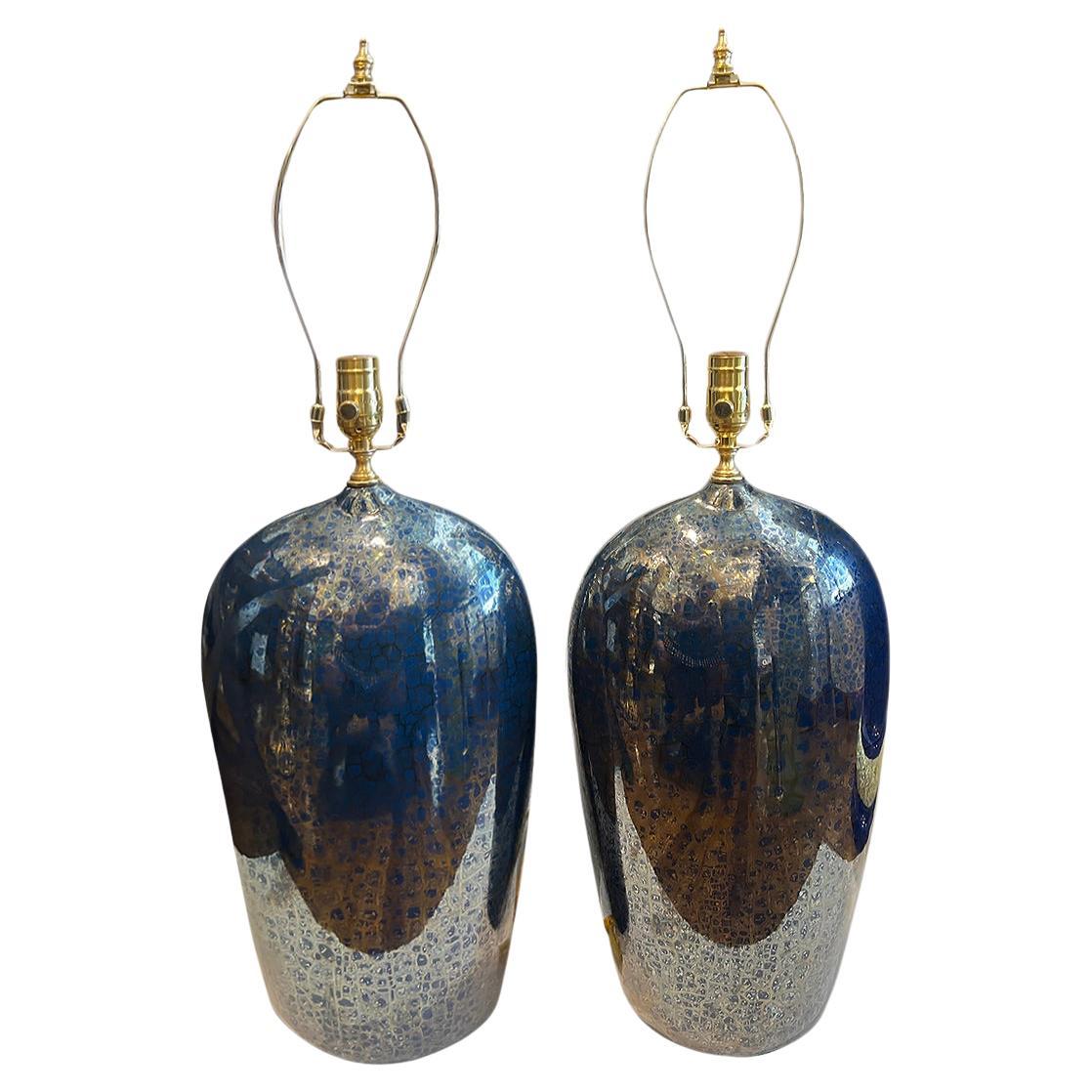 Pair of Midcentury Blue Porcelain Lamps