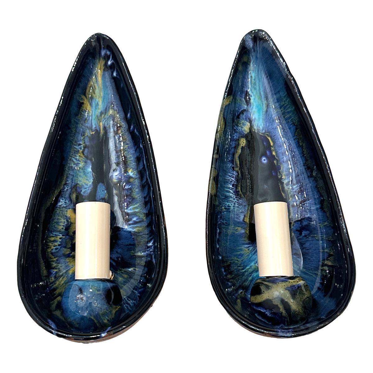 Pair of Midcentury Blue Porcelain Sconces In Good Condition For Sale In New York, NY