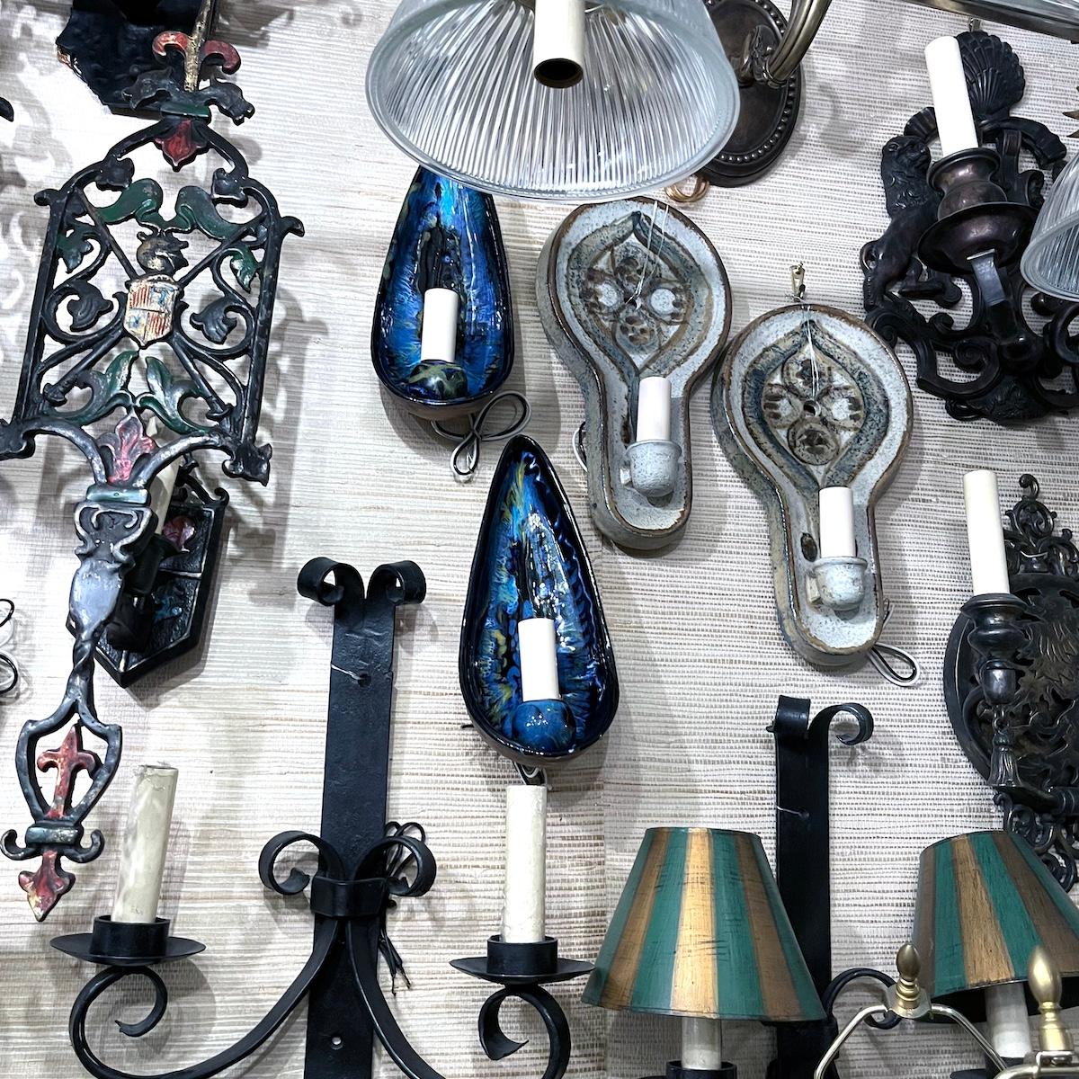 Ceramic Pair of Midcentury Blue Porcelain Sconces For Sale