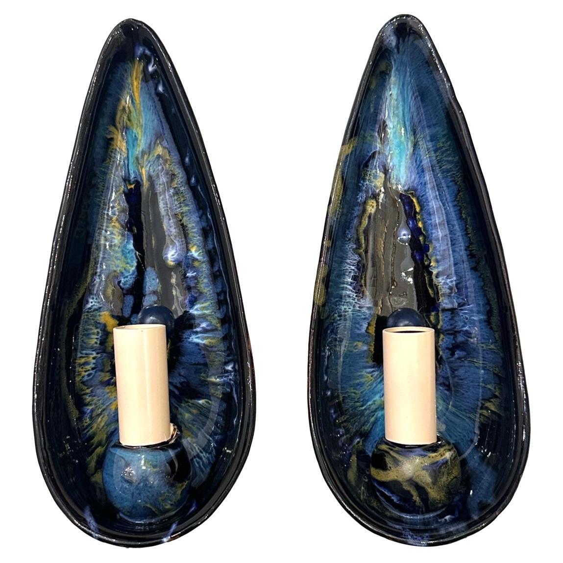 Pair of Midcentury Blue Porcelain Sconces For Sale