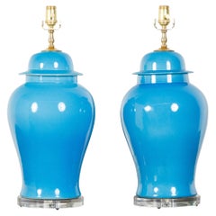 Pair of Mid-Century Blue Porcelain Table Lamps Made of Vases on Lucite Bases