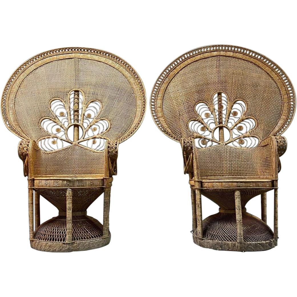 Pair of Midcentury Bohemian Woven Rattan Peacock Chairs For Sale
