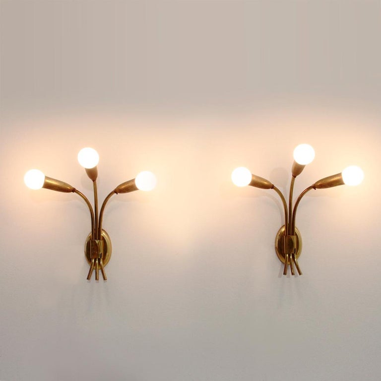Pair of Midcentury Brass 3 Lights Italian Wall Lamps, 1950s For Sale 6