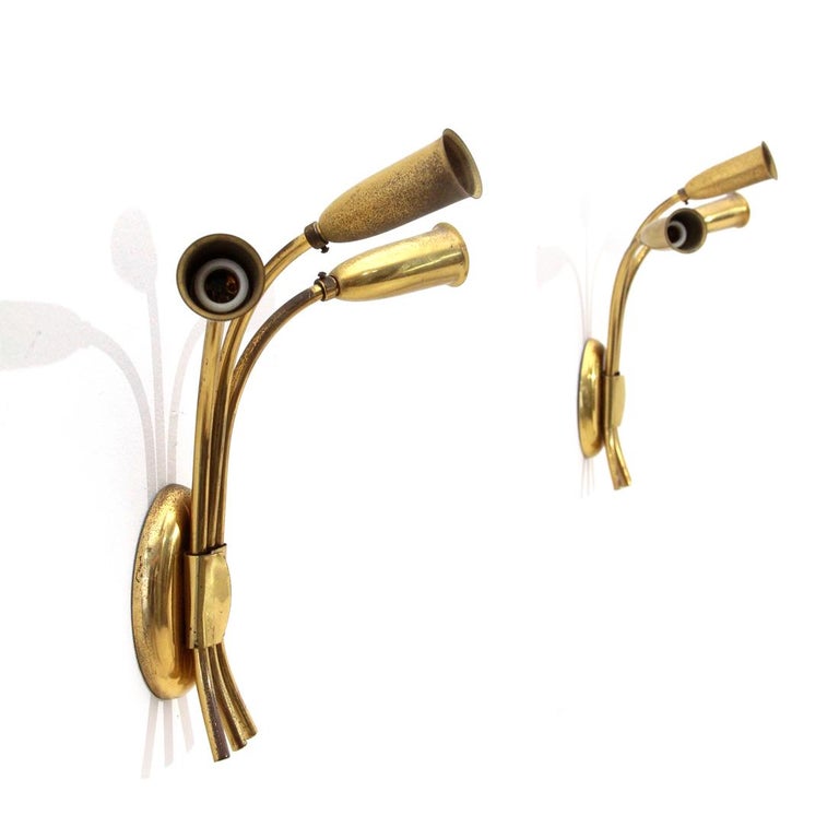 Mid-Century Modern Pair of Midcentury Brass 3 Lights Italian Wall Lamps, 1950s For Sale