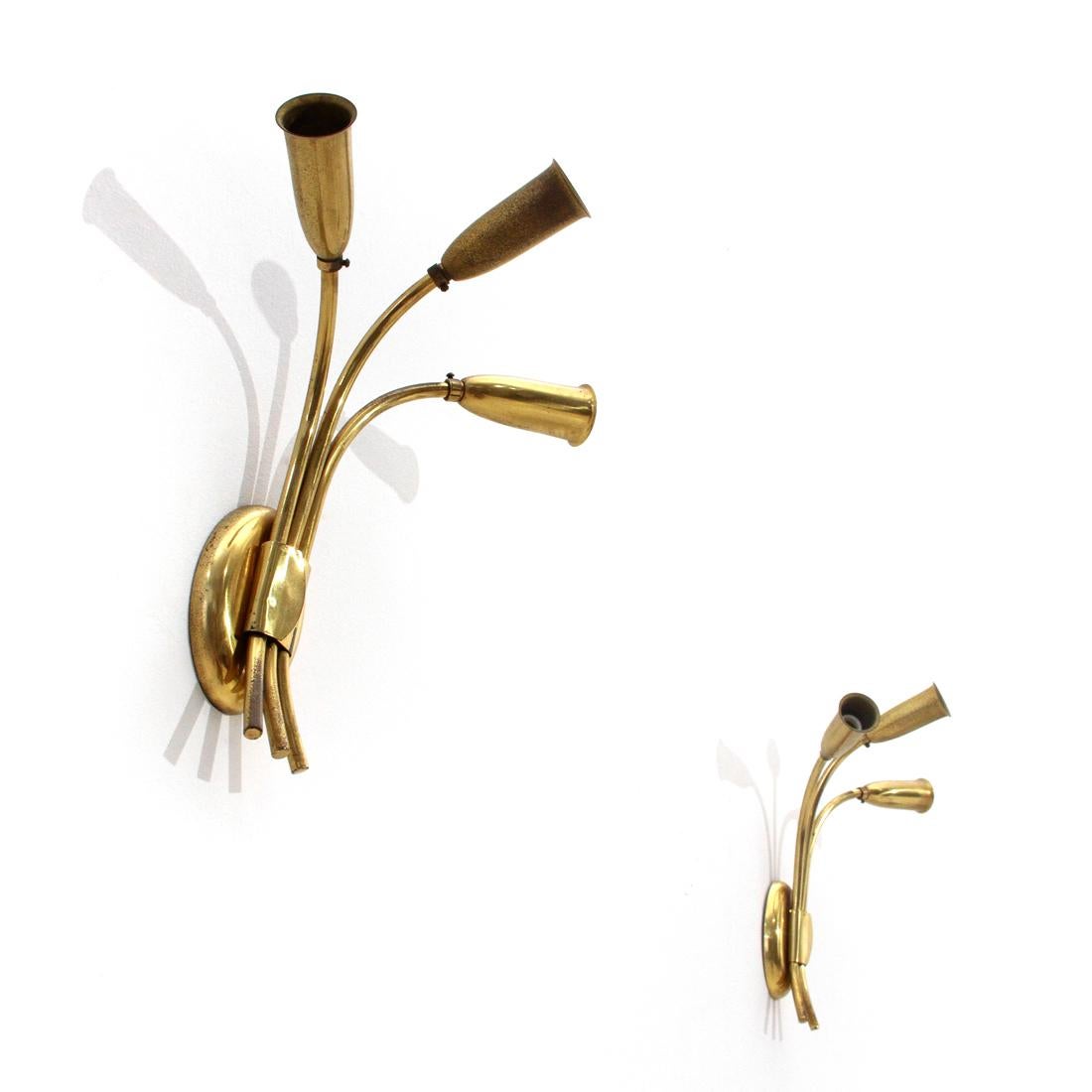 Mid-20th Century Pair of Midcentury Brass 3 Lights Italian Wall Lamps, 1950s For Sale