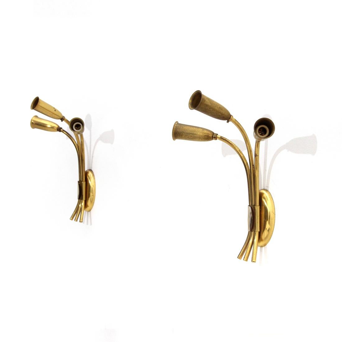 Pair of Midcentury Brass 3 Lights Italian Wall Lamps, 1950s For Sale 1