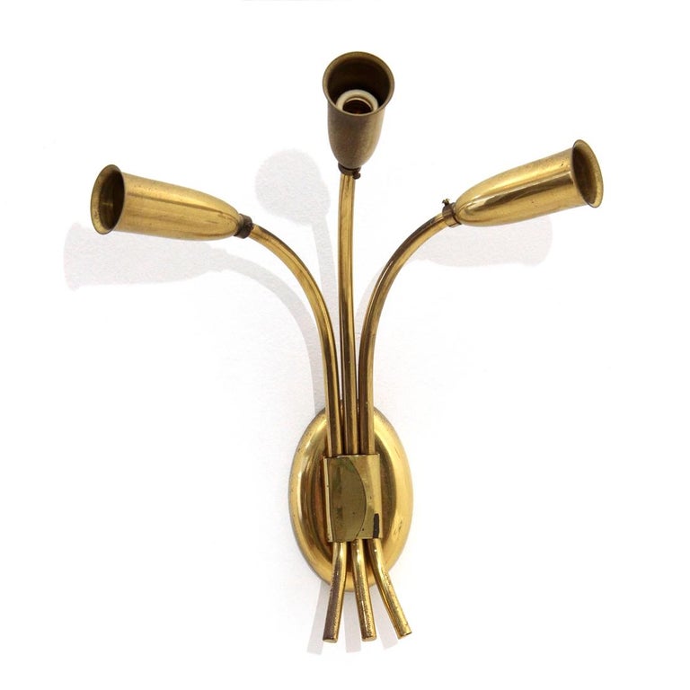Pair of Midcentury Brass 3 Lights Italian Wall Lamps, 1950s For Sale 4