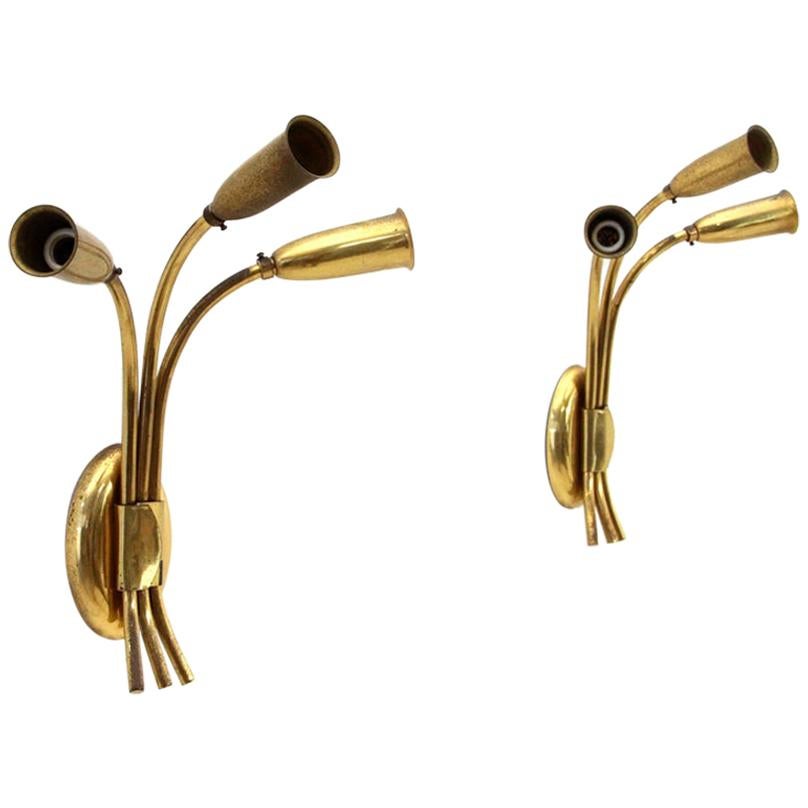 Pair of Midcentury Brass 3 Lights Italian Wall Lamps, 1950s For Sale