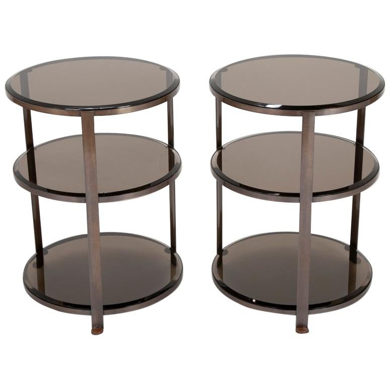 Pair of Midcentury Brass and Beveled Glass Round Side Tables