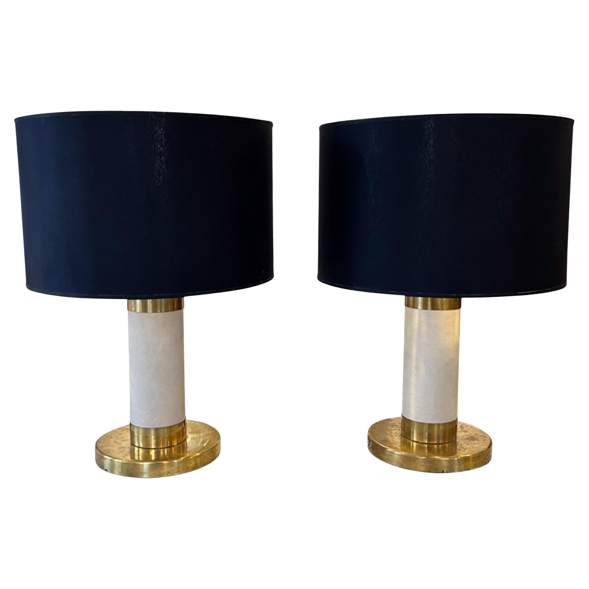 Pair of Midcentury Brass and Cream Leather Table Lamps