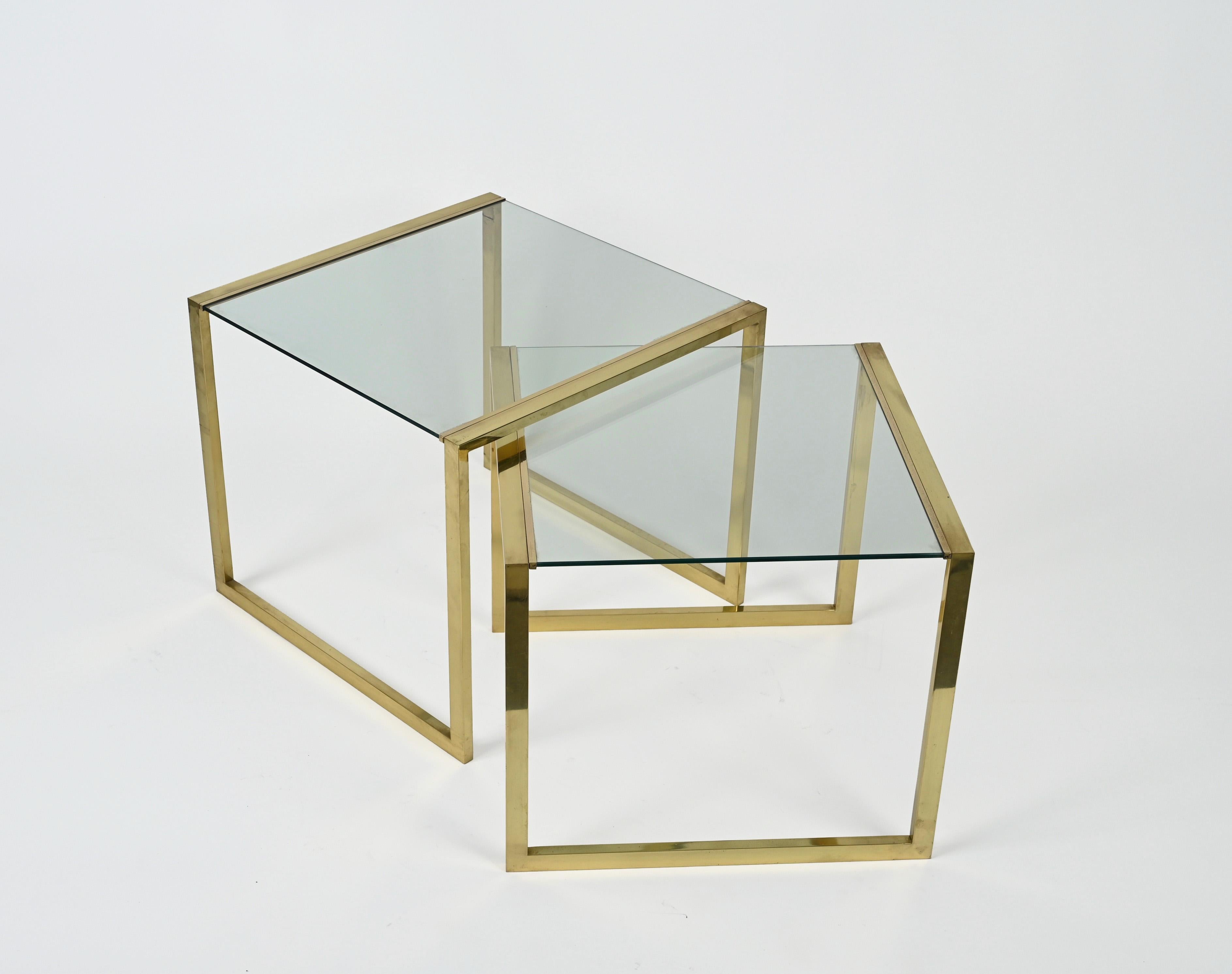 Pair of Mid-Century Brass and Crystal Glass Italian Nesting Tables, 1970s 5