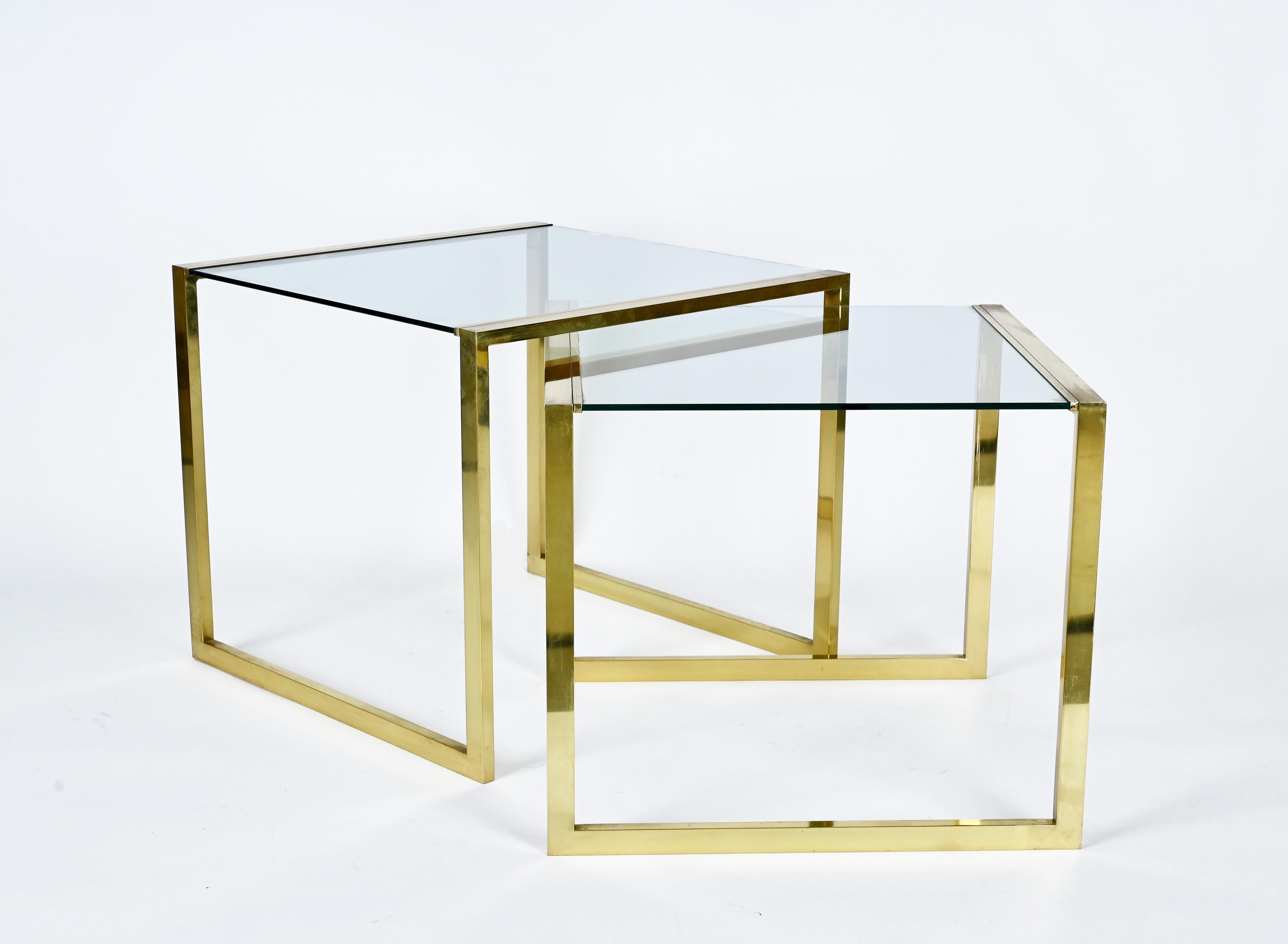 Pair of Mid-Century Brass and Crystal Glass Italian Nesting Tables, 1970s 6