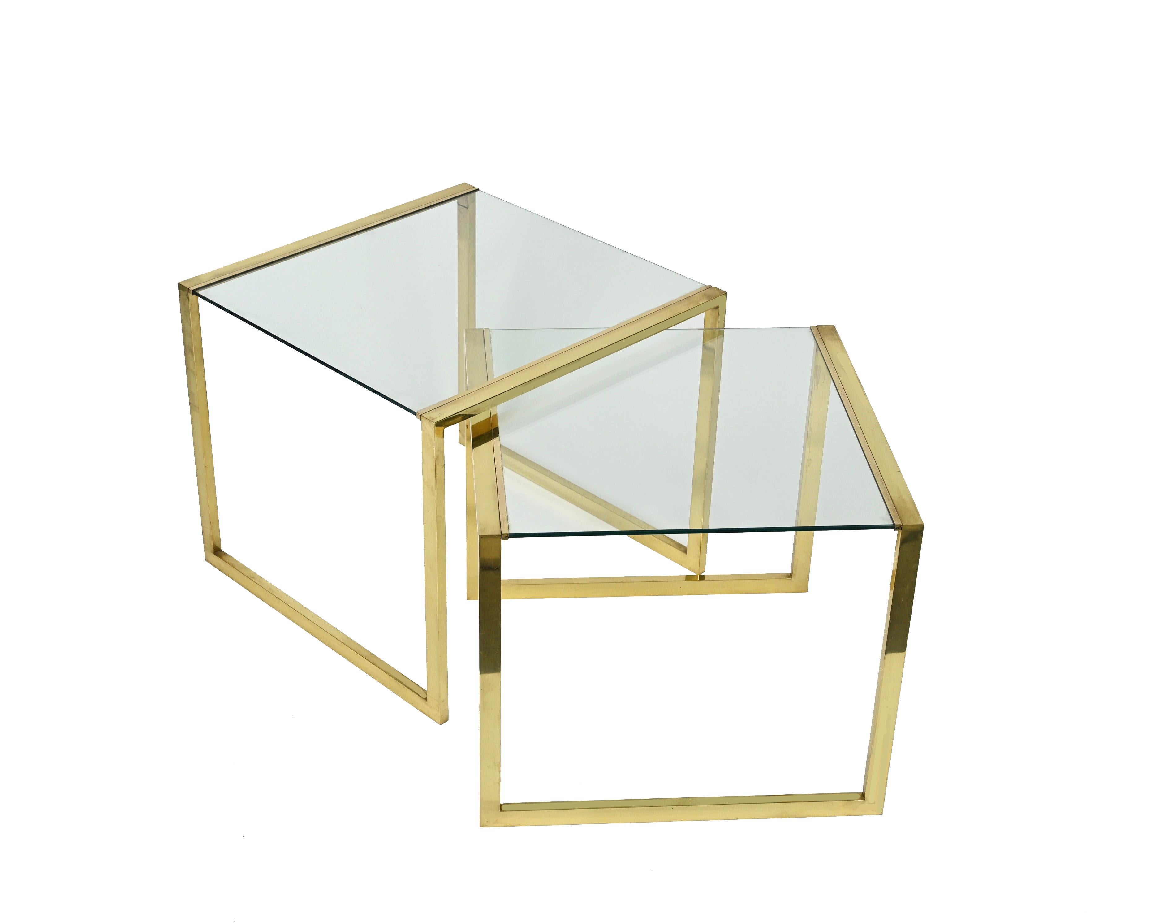 Pair of Mid-Century Brass and Crystal Glass Italian Nesting Tables, 1970s 7