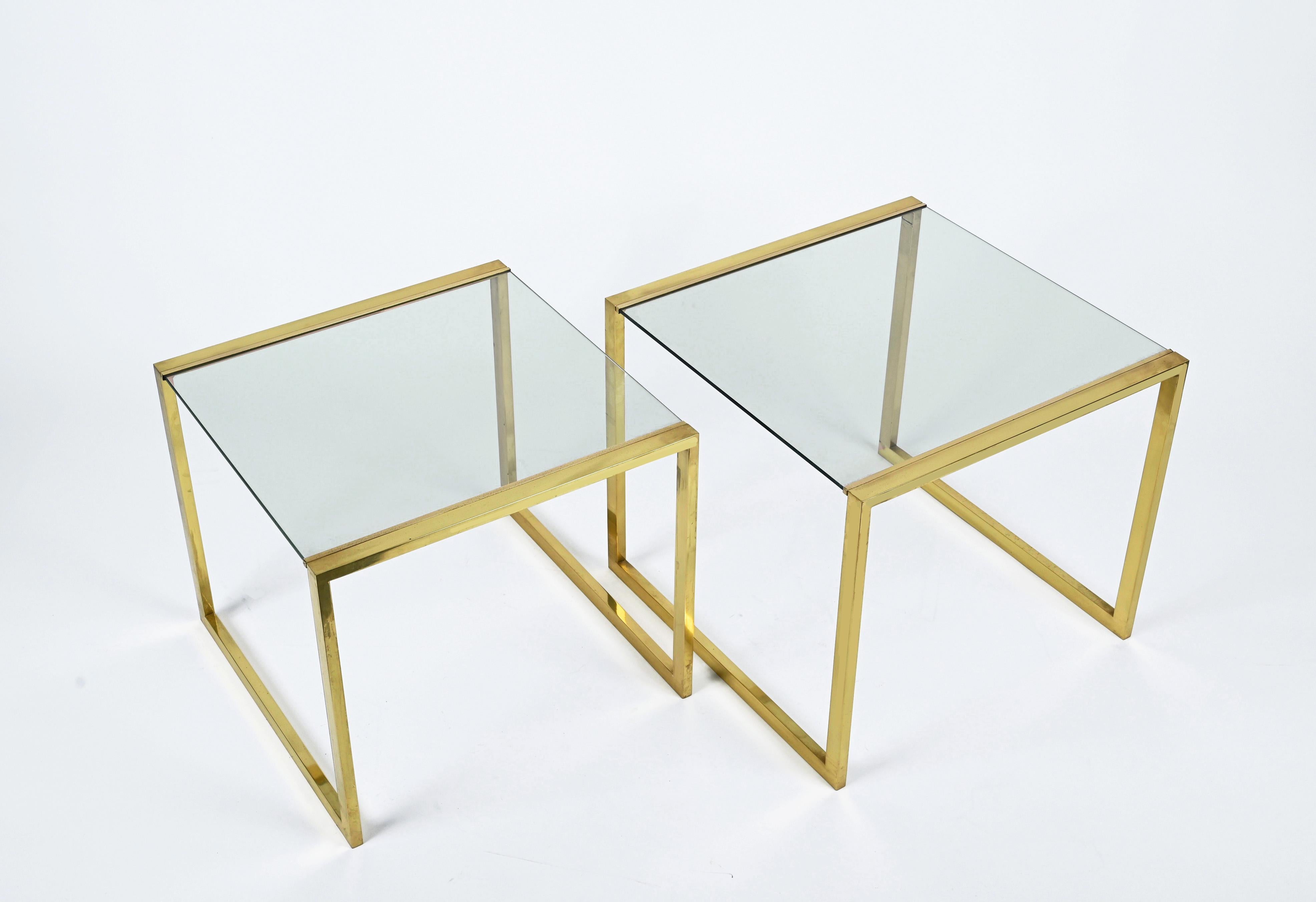Pair of Mid-Century Brass and Crystal Glass Italian Nesting Tables, 1970s 8