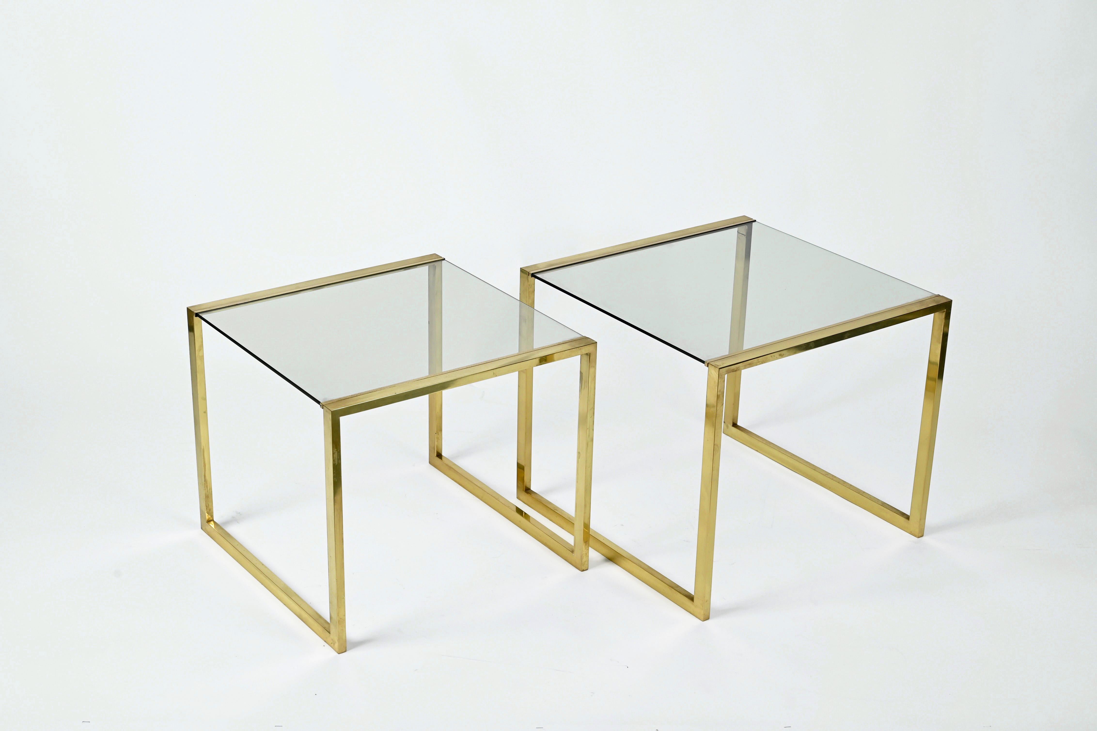Pair of Mid-Century Brass and Crystal Glass Italian Nesting Tables, 1970s 9