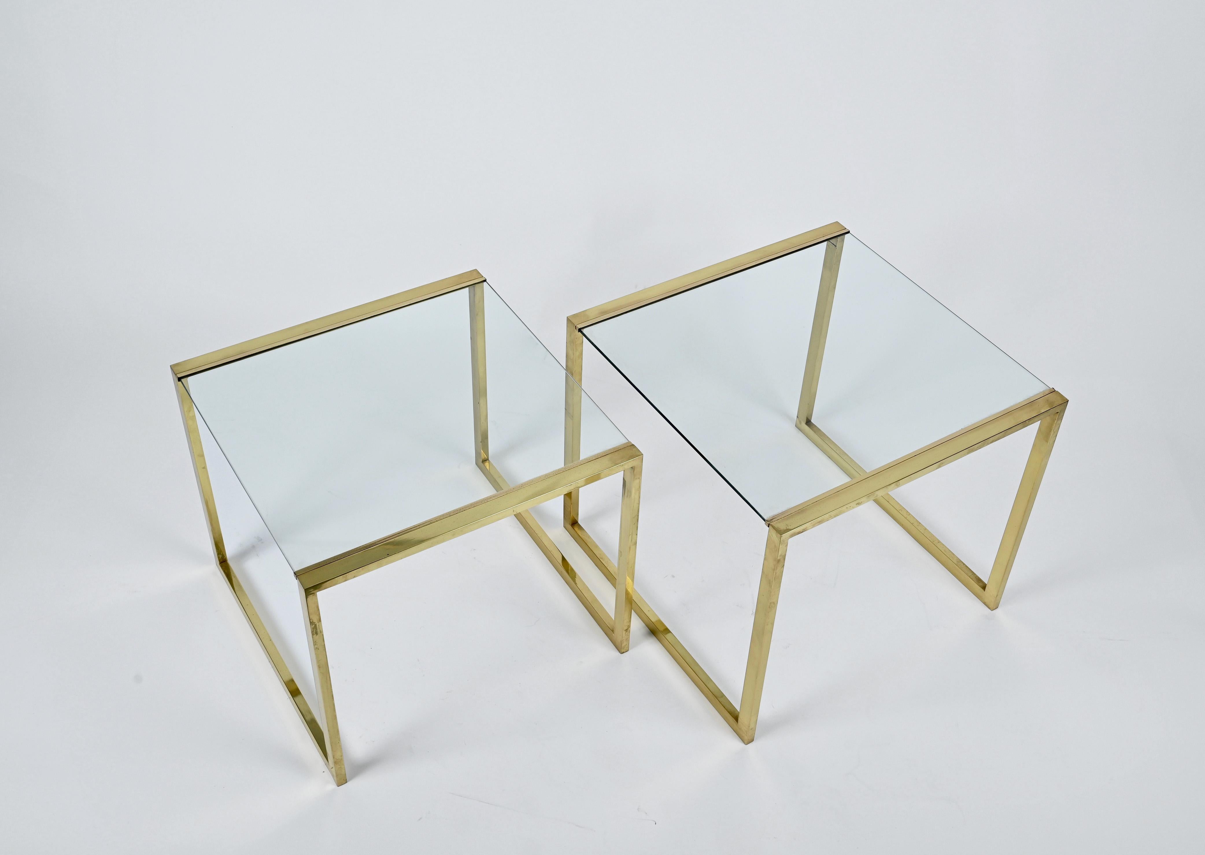 Pair of Mid-Century Brass and Crystal Glass Italian Nesting Tables, 1970s 10