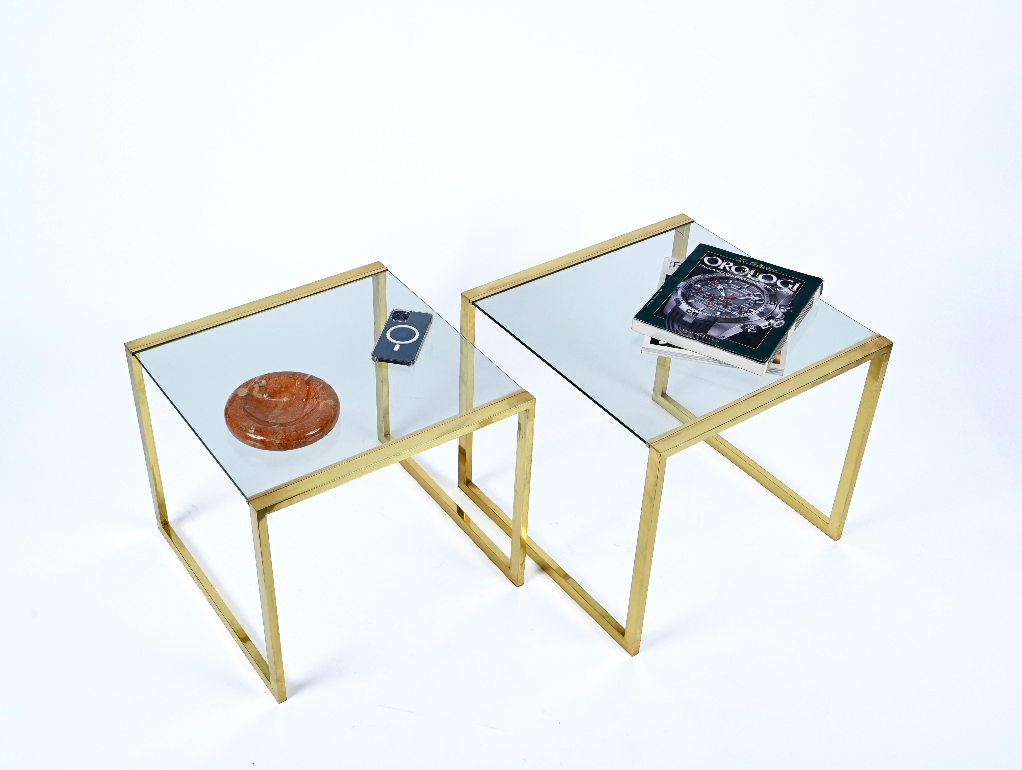 Pair of Mid-Century Brass and Crystal Glass Italian Nesting Tables, 1970s 11
