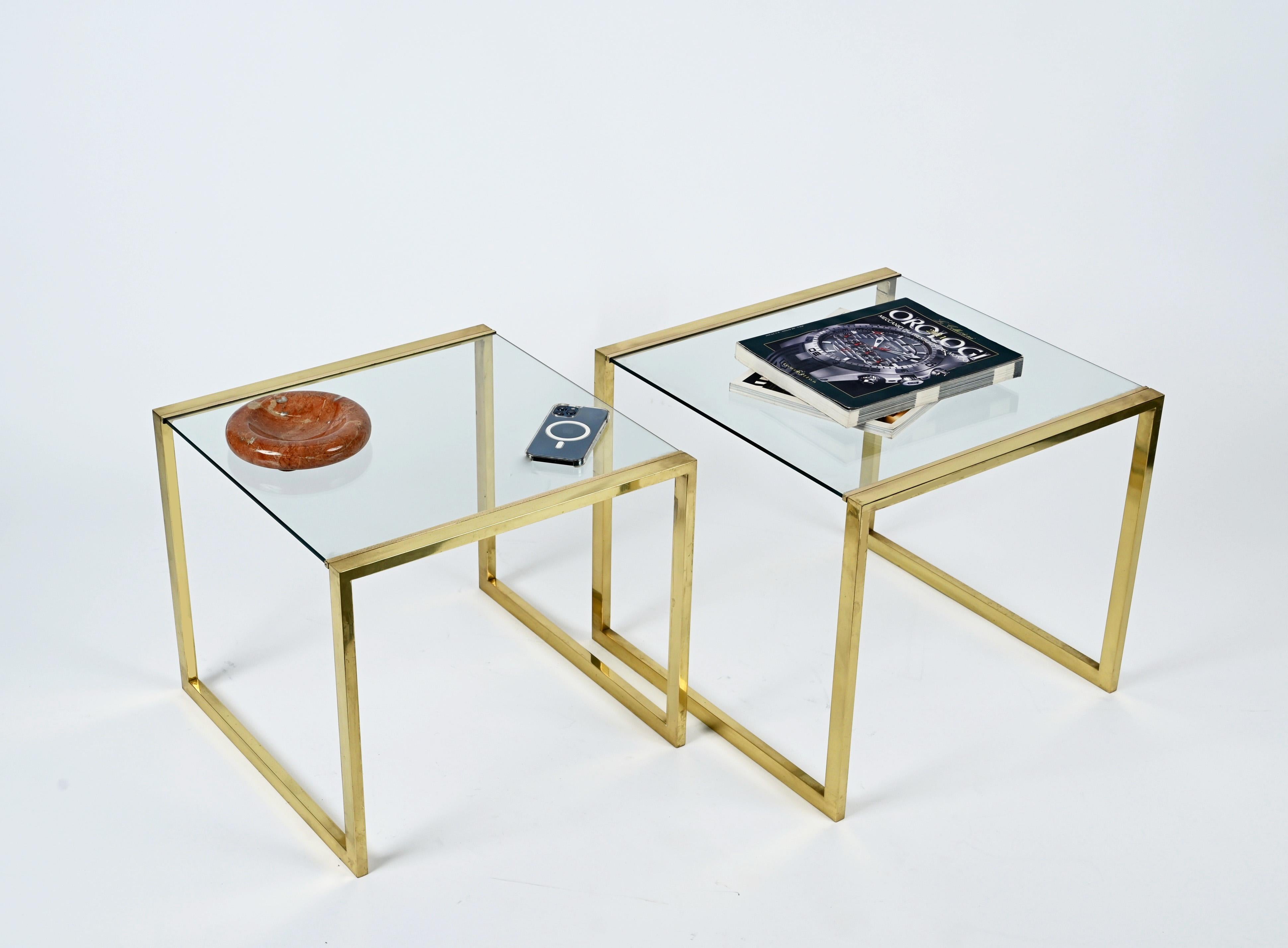Pair of Mid-Century Brass and Crystal Glass Italian Nesting Tables, 1970s 12