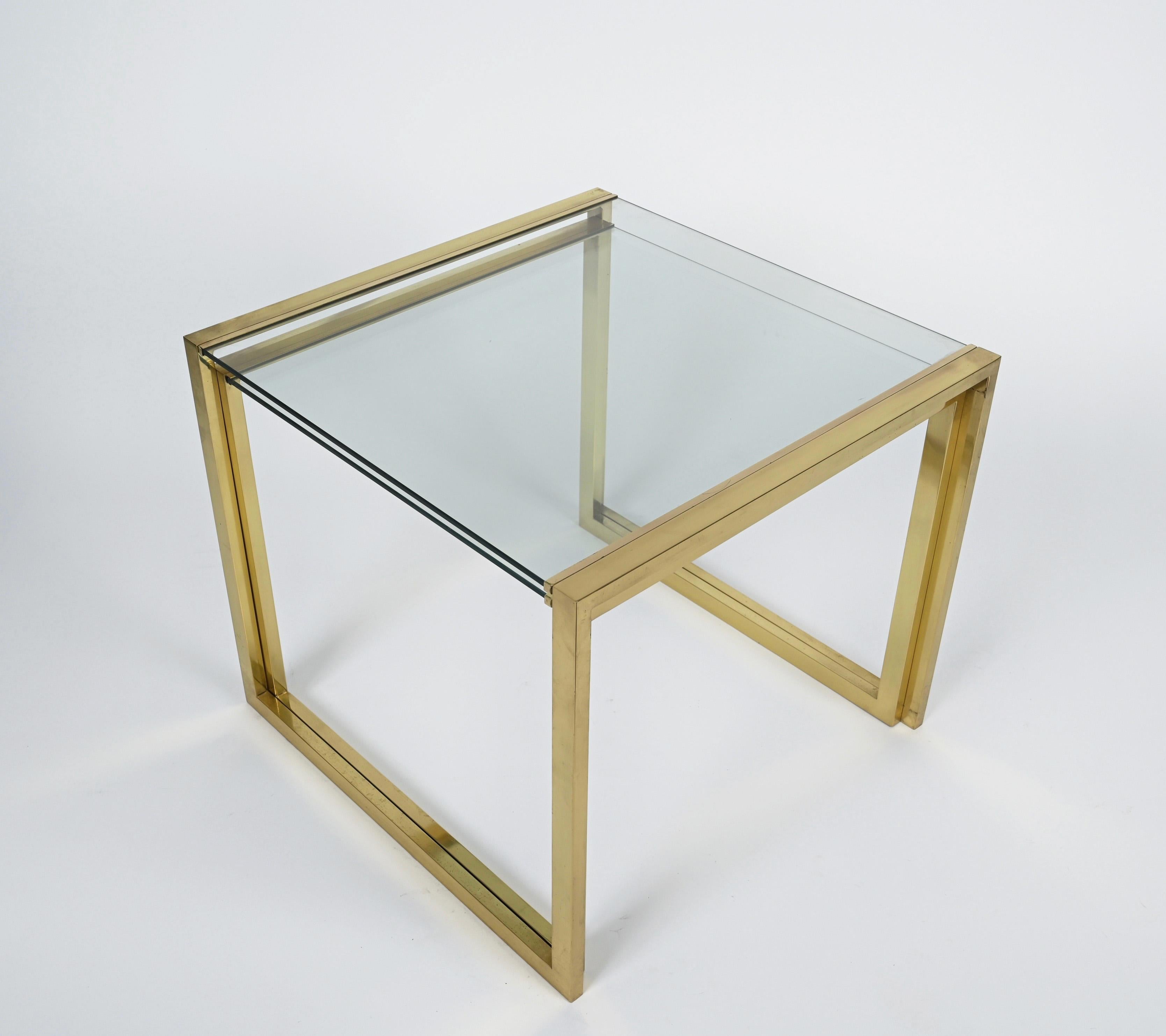 Late 20th Century Pair of Mid-Century Brass and Crystal Glass Italian Nesting Tables, 1970s