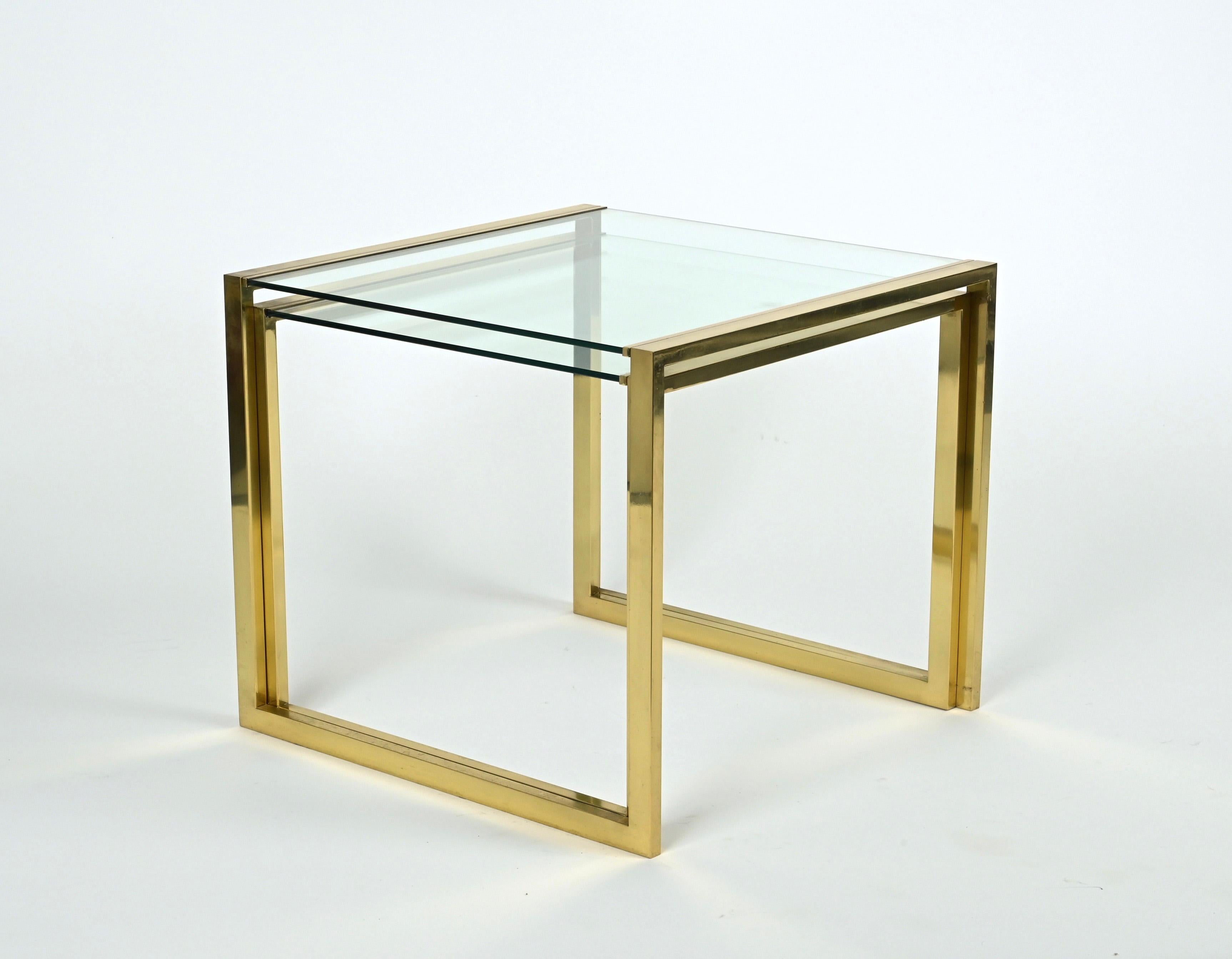 Pair of Mid-Century Brass and Crystal Glass Italian Nesting Tables, 1970s 1