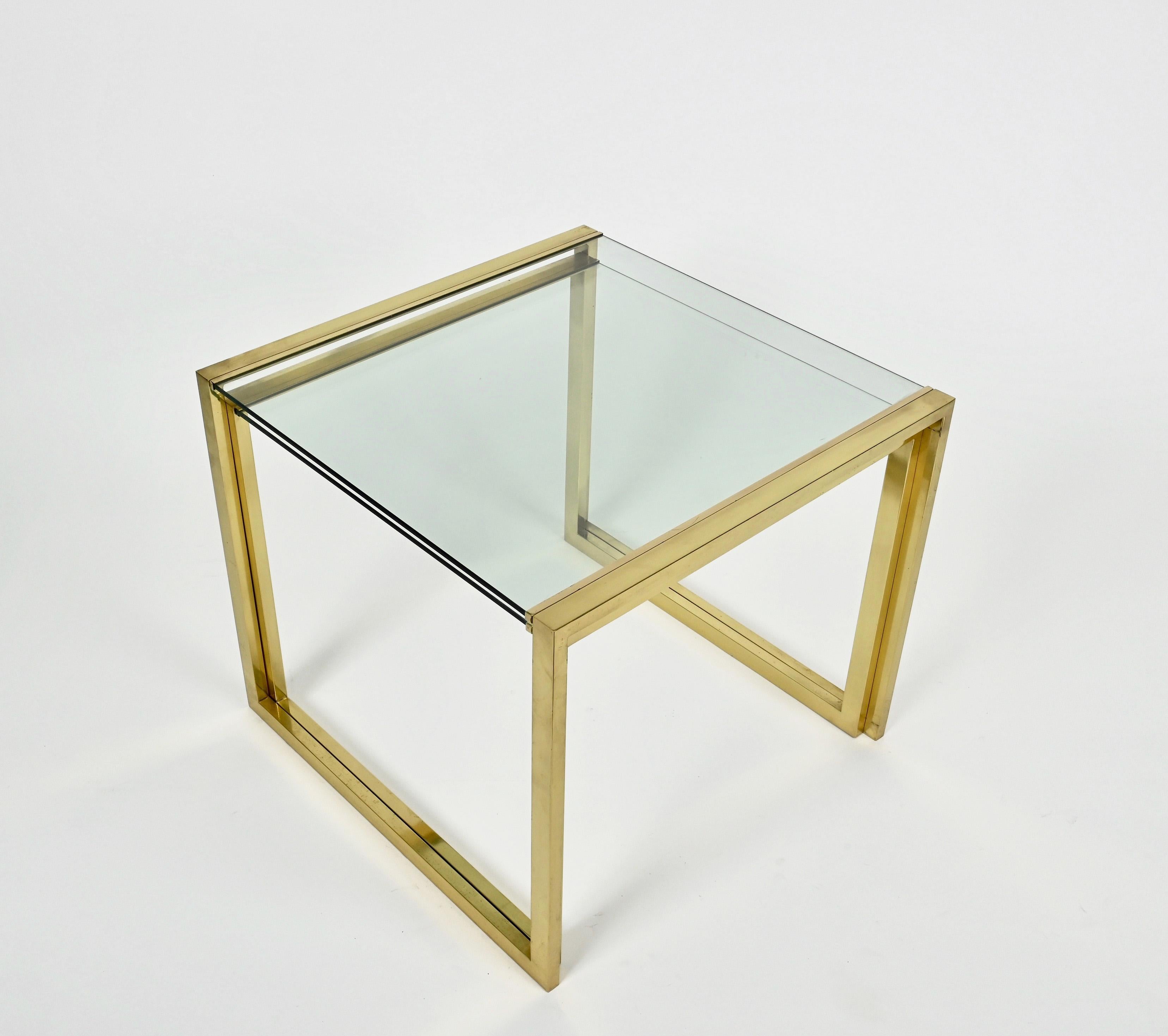 Pair of Mid-Century Brass and Crystal Glass Italian Nesting Tables, 1970s 2