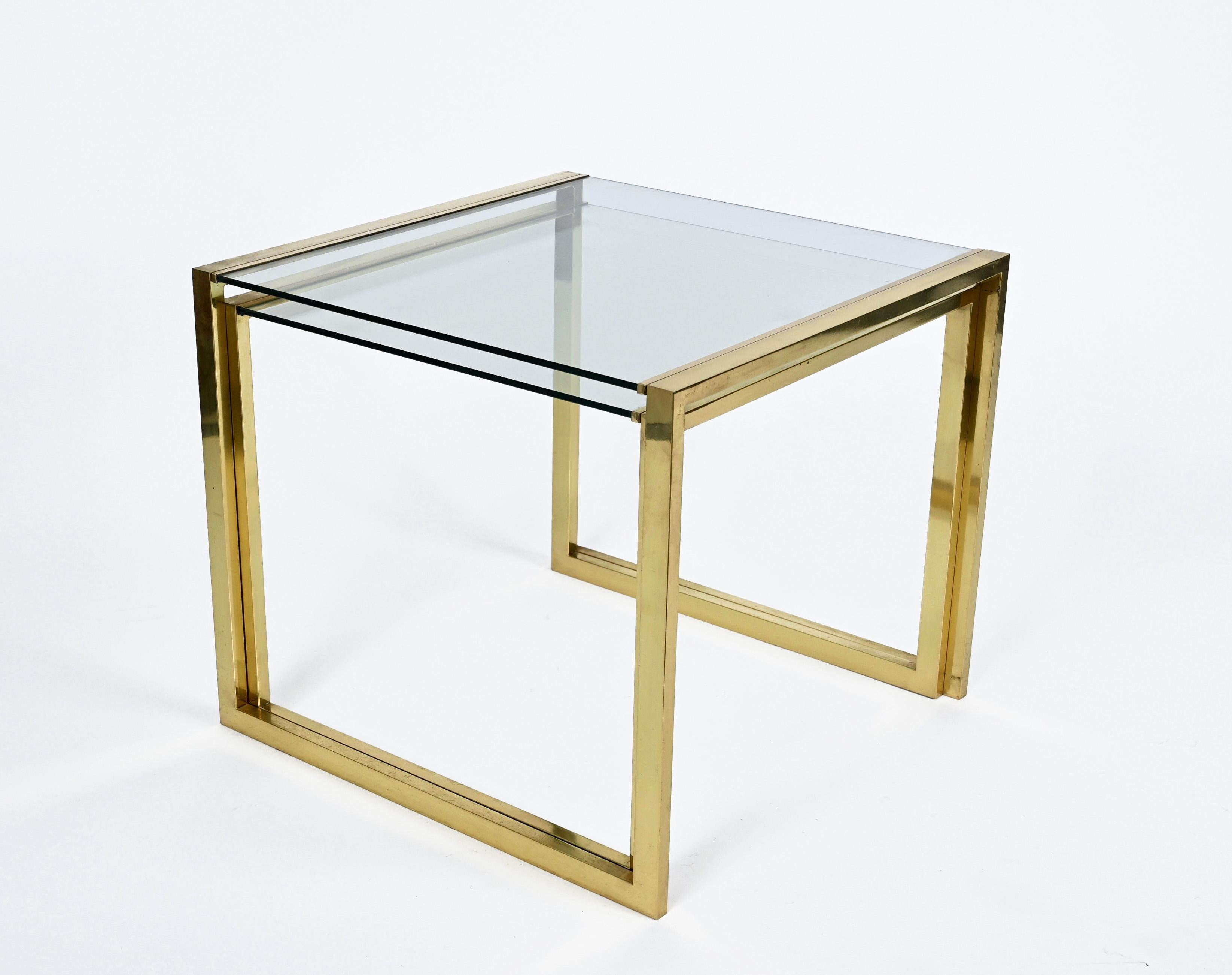 Pair of Mid-Century Brass and Crystal Glass Italian Nesting Tables, 1970s 3