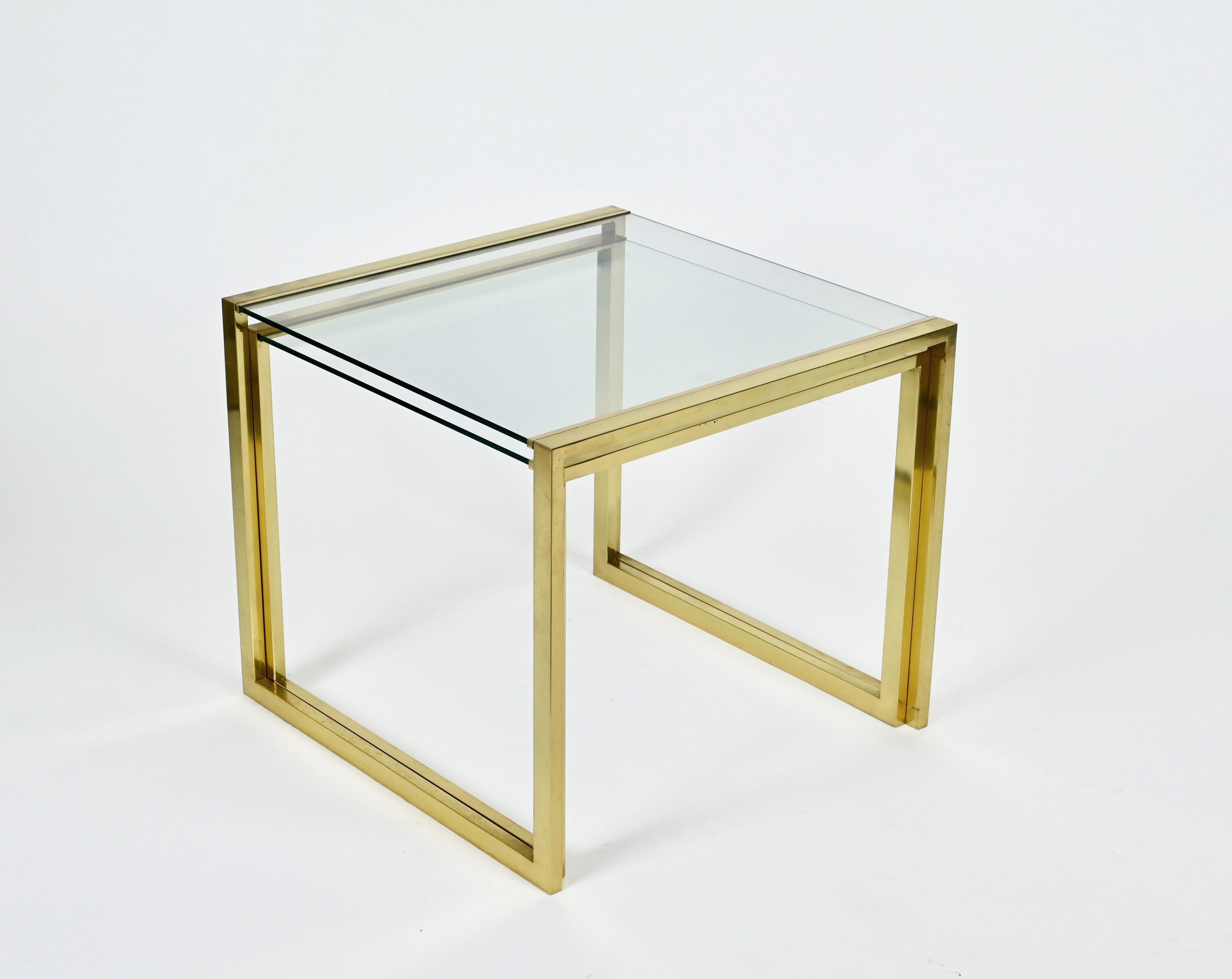 Pair of Mid-Century Brass and Crystal Glass Italian Nesting Tables, 1970s 4