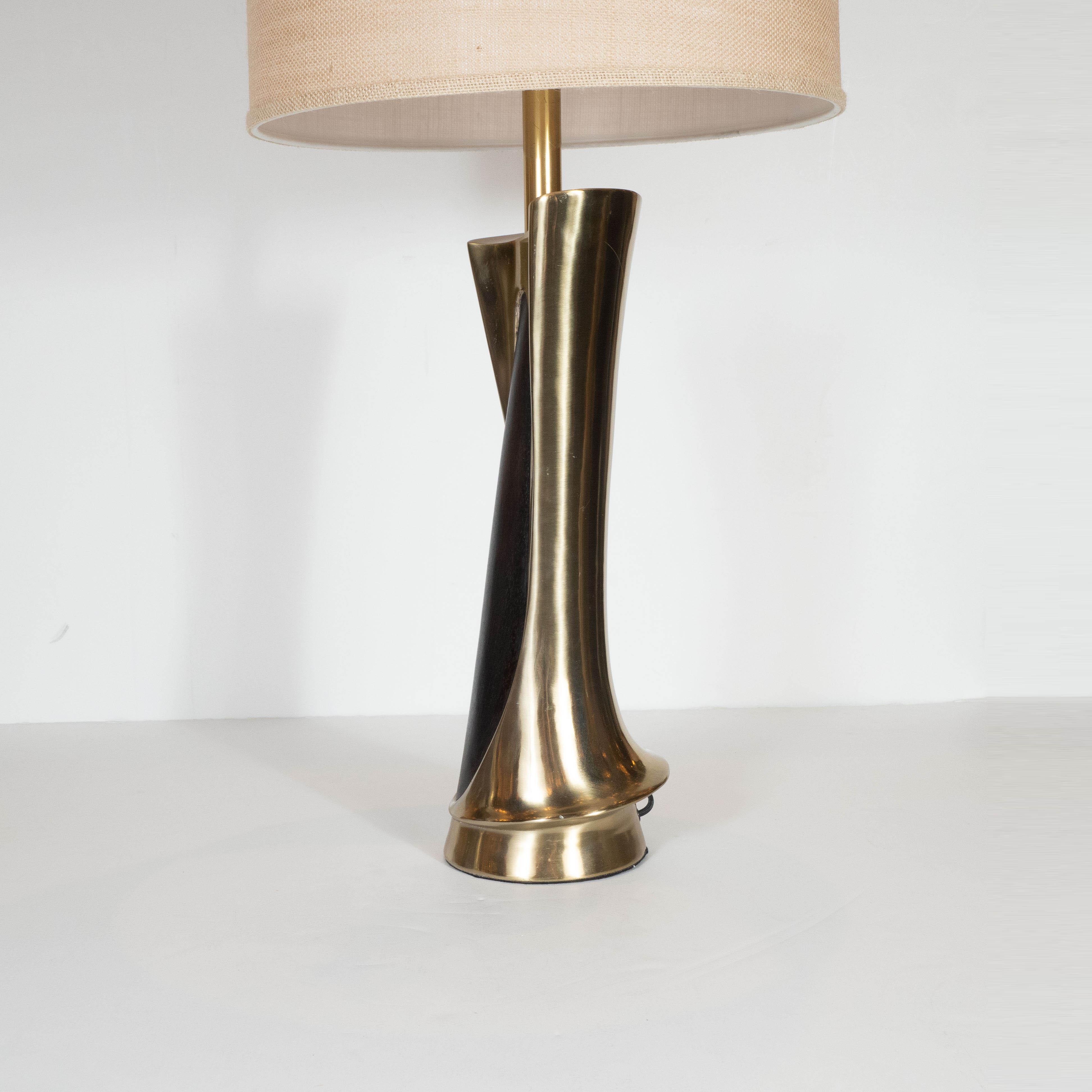 Late 20th Century Pair of Midcentury Brass and Ebonized Walnut Table Lamps by Laurel & Co.