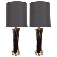 Pair of Midcentury Brass and Ebonized Walnut Table Lamps by Laurel & Co.