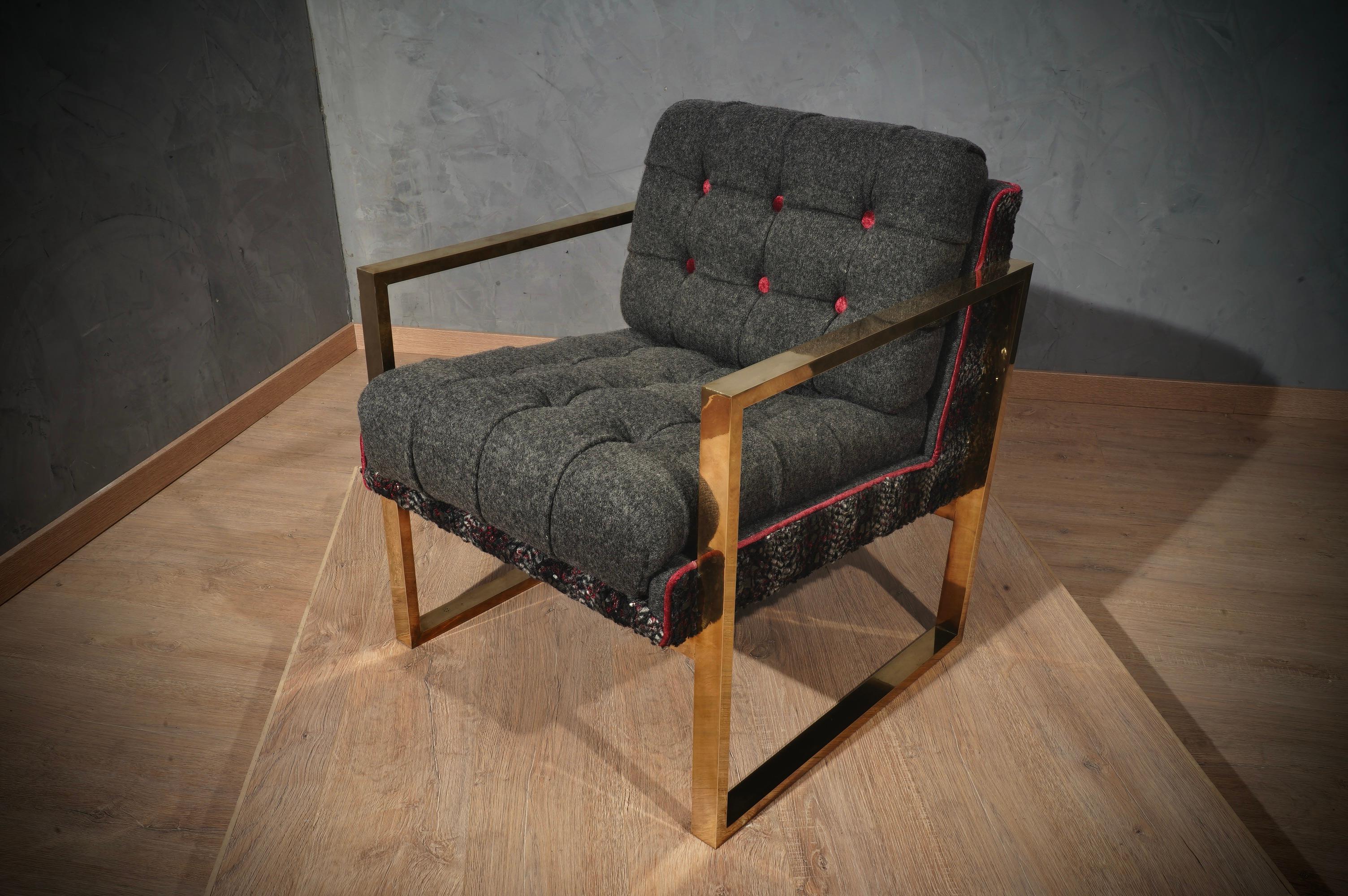 Midcentury Brass and Fabric Italian Club Chair / Armchairs, 1950 For Sale 2