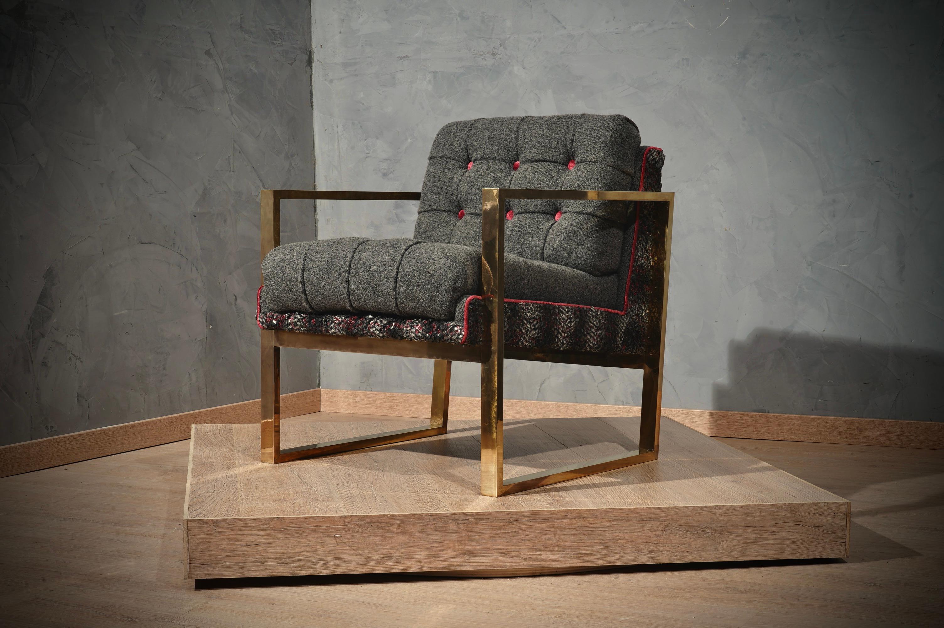 Midcentury Brass and Fabric Italian Club Chair / Armchairs, 1950 For Sale 4