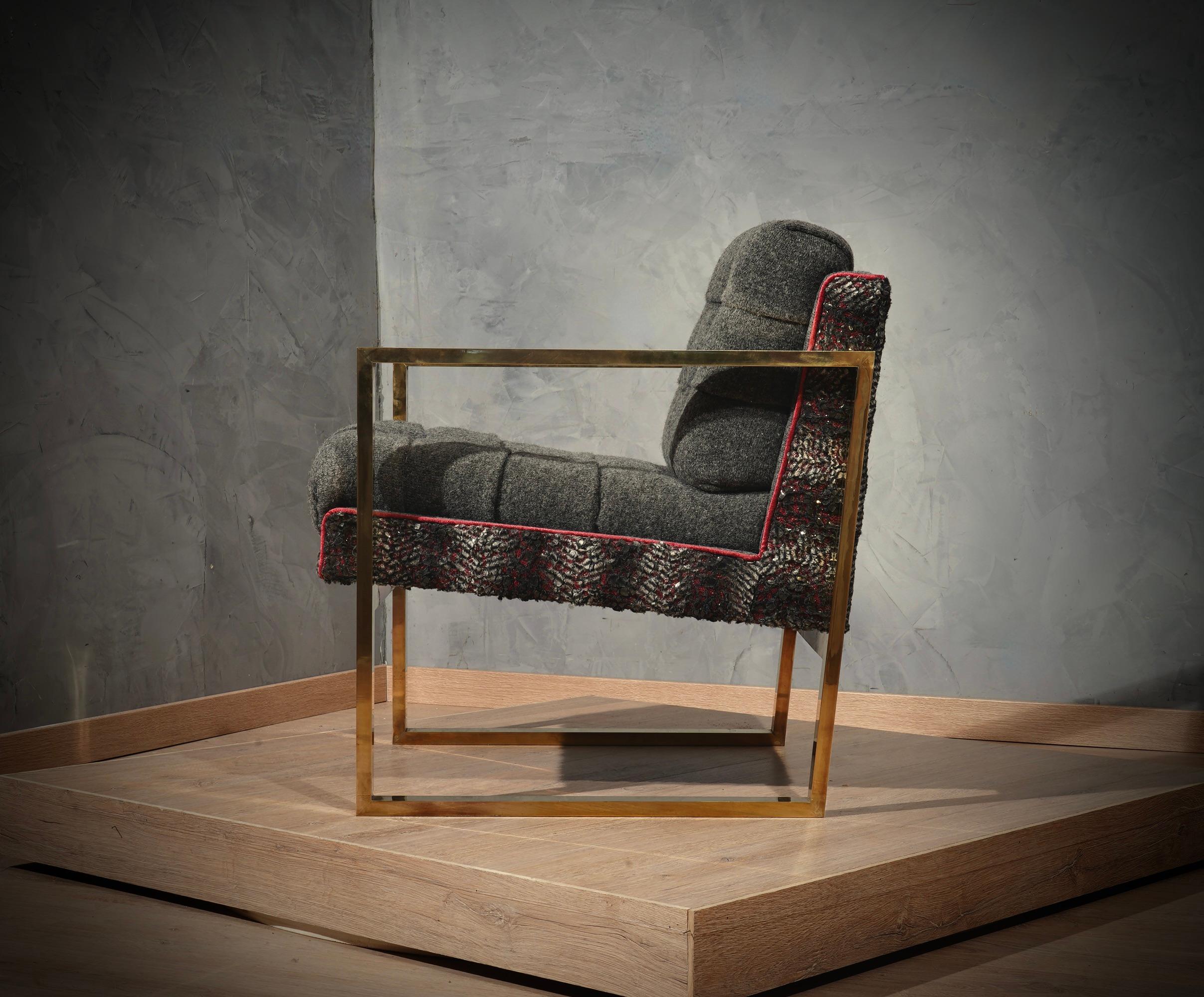 Mid-Century Modern Midcentury Brass and Fabric Italian Club Chair / Armchairs, 1950 For Sale