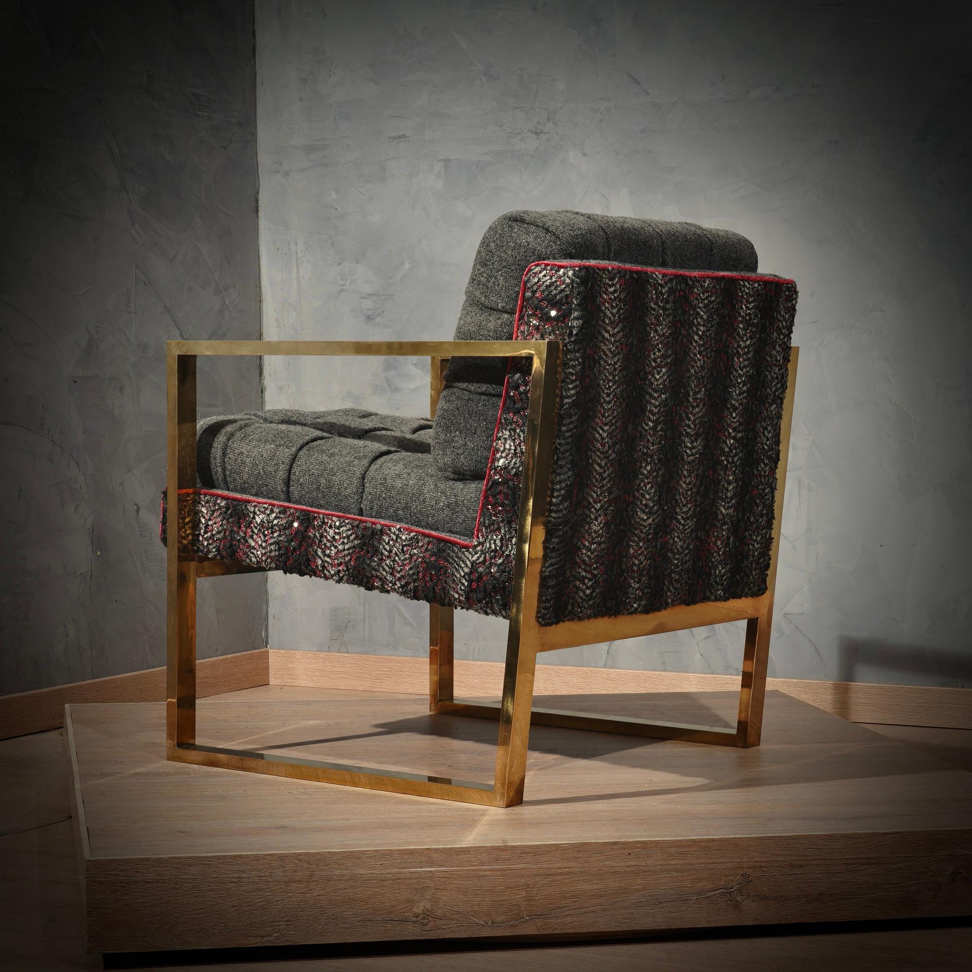 Midcentury Brass and Fabric Italian Club Chair / Armchairs, 1950 In Good Condition For Sale In Rome, IT