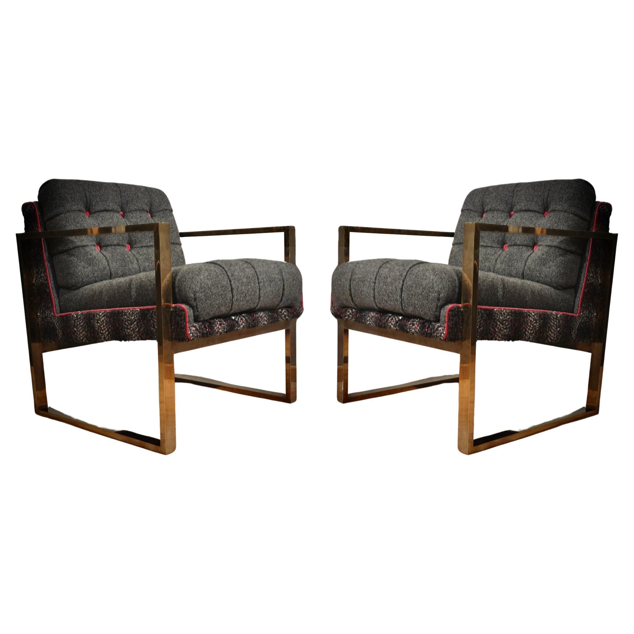 Silla club / sillones italianos de latón y tela de mediados de siglo, 1950