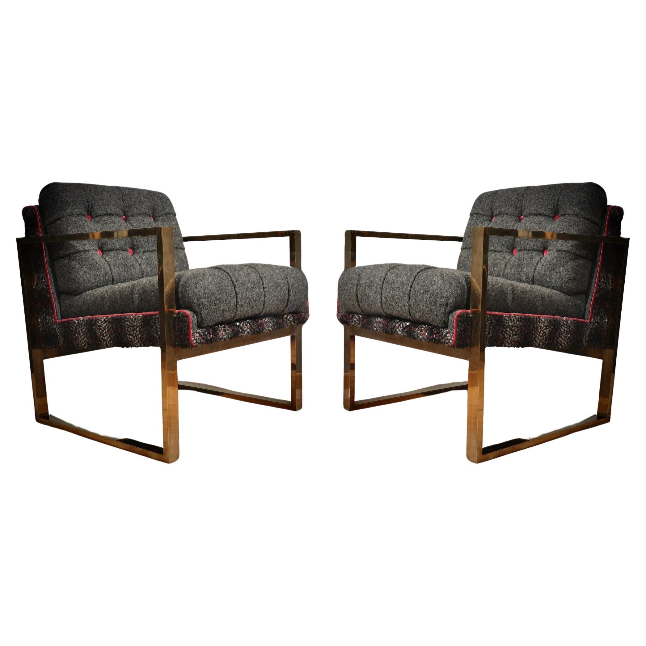 Midcentury Brass and Fabric Italian Club Chair / Armchairs, 1950