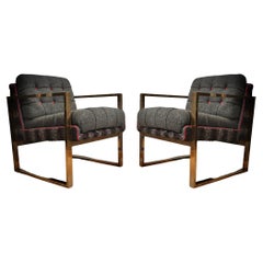Midcentury Brass and Fabric Italian Club Chair / Armchairs, 1950
