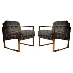 Silla club / sillones italianos de latón y tela de mediados de siglo, 1950