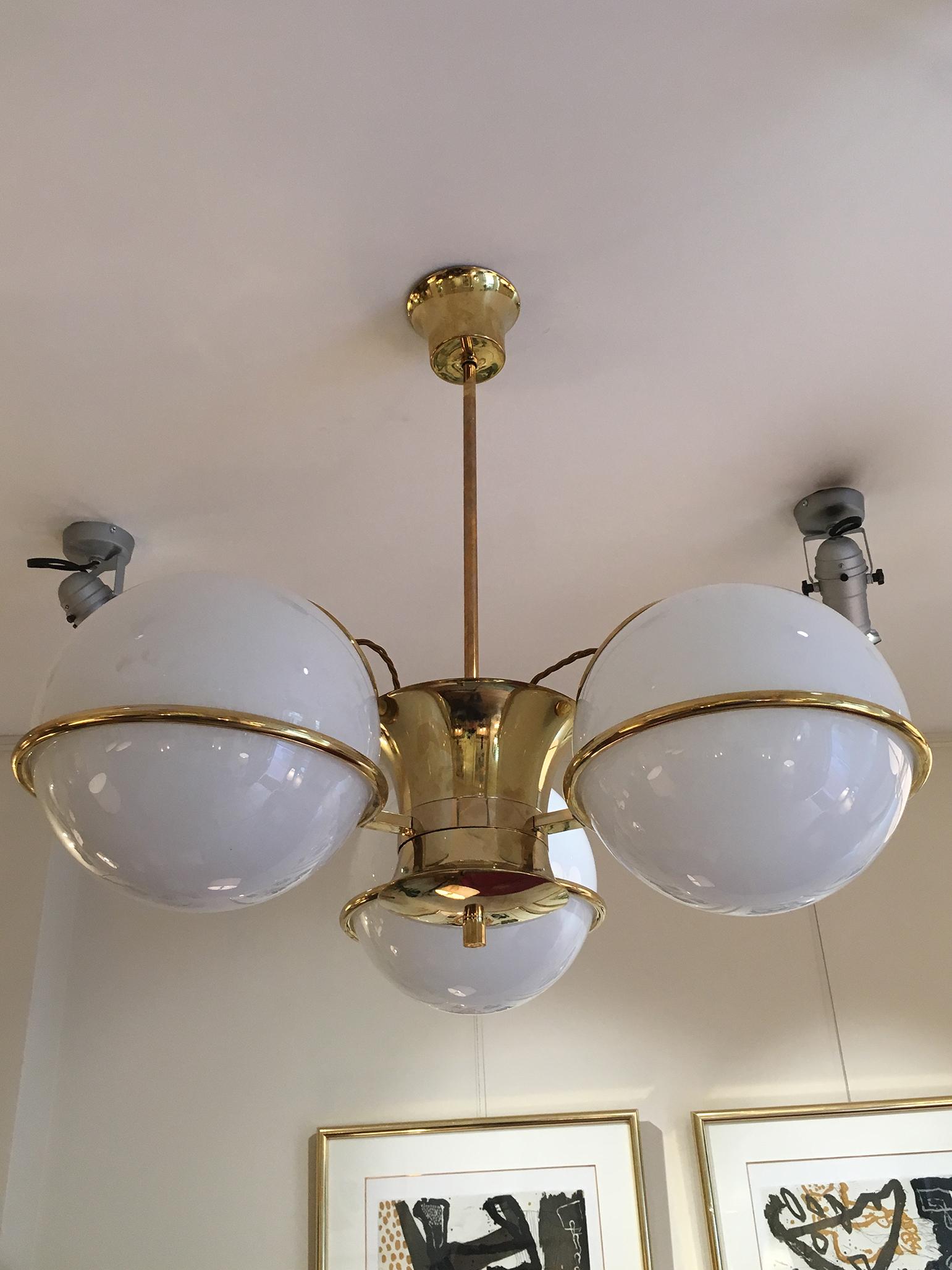 Pair of Midcentury Brass and Glass Globe Chandeliers 5