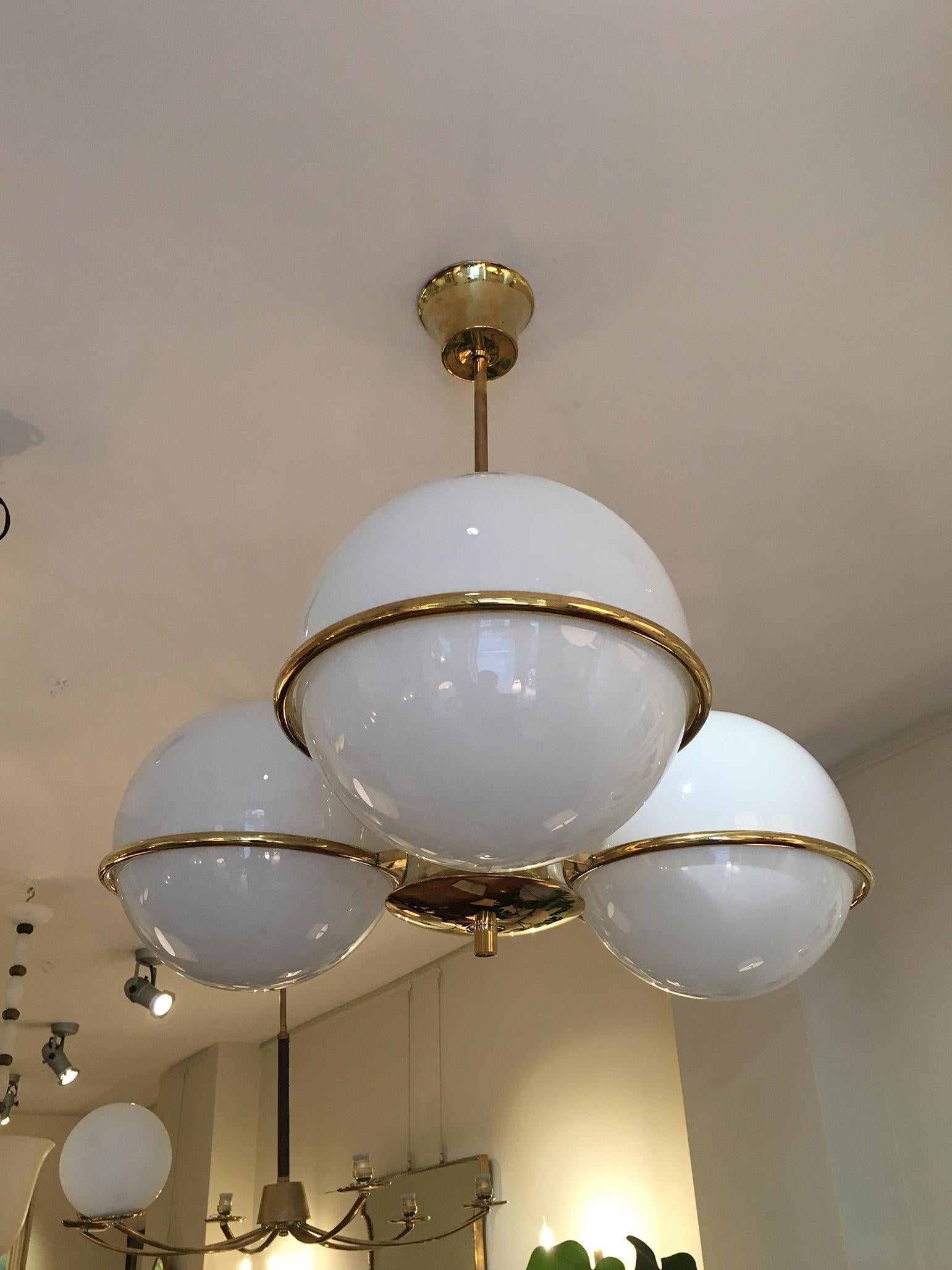 Pair of Midcentury Brass and Glass Globe Chandeliers 6