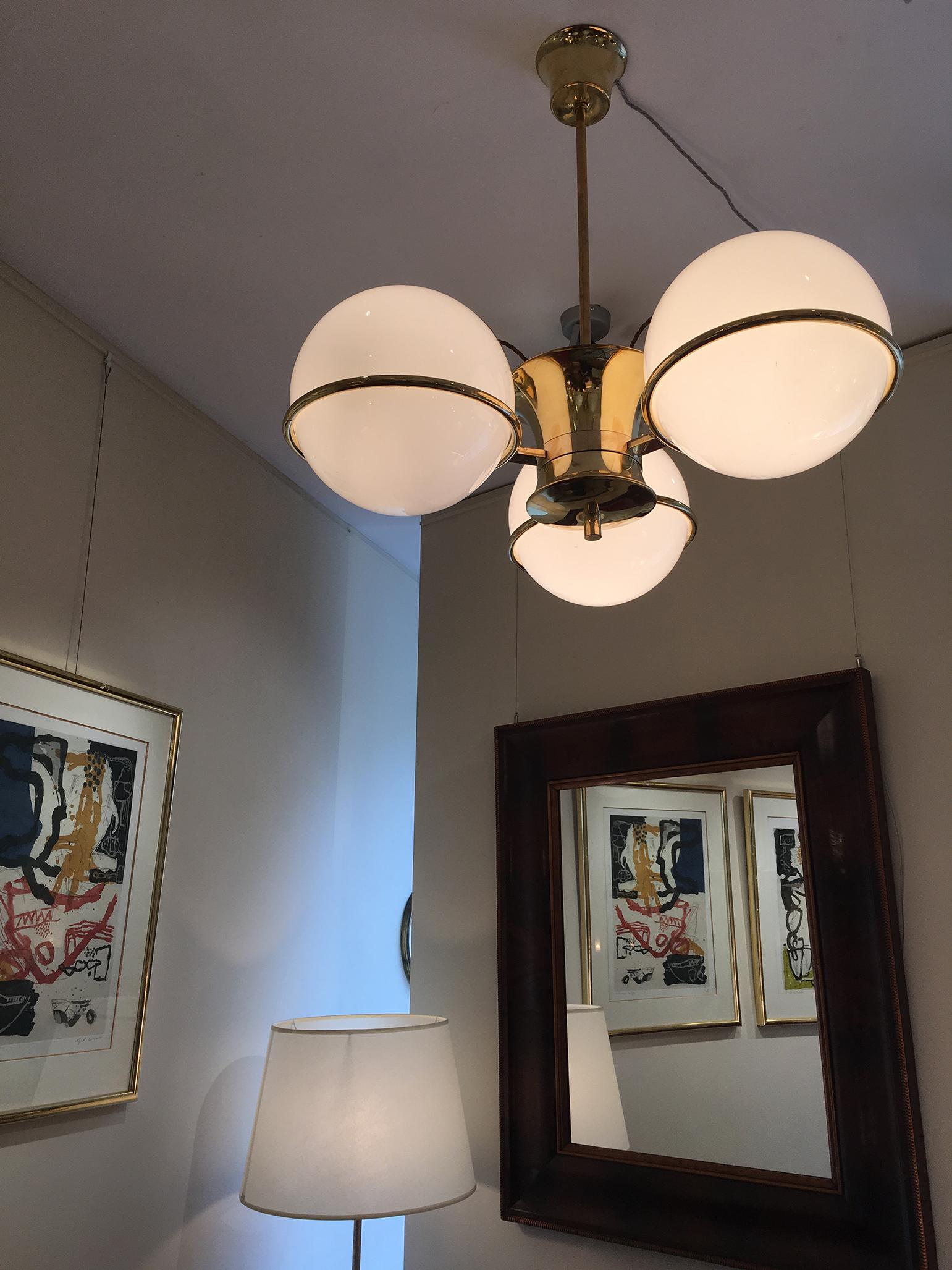 Mid-Century Modern Pair of Midcentury Brass and Glass Globe Chandeliers