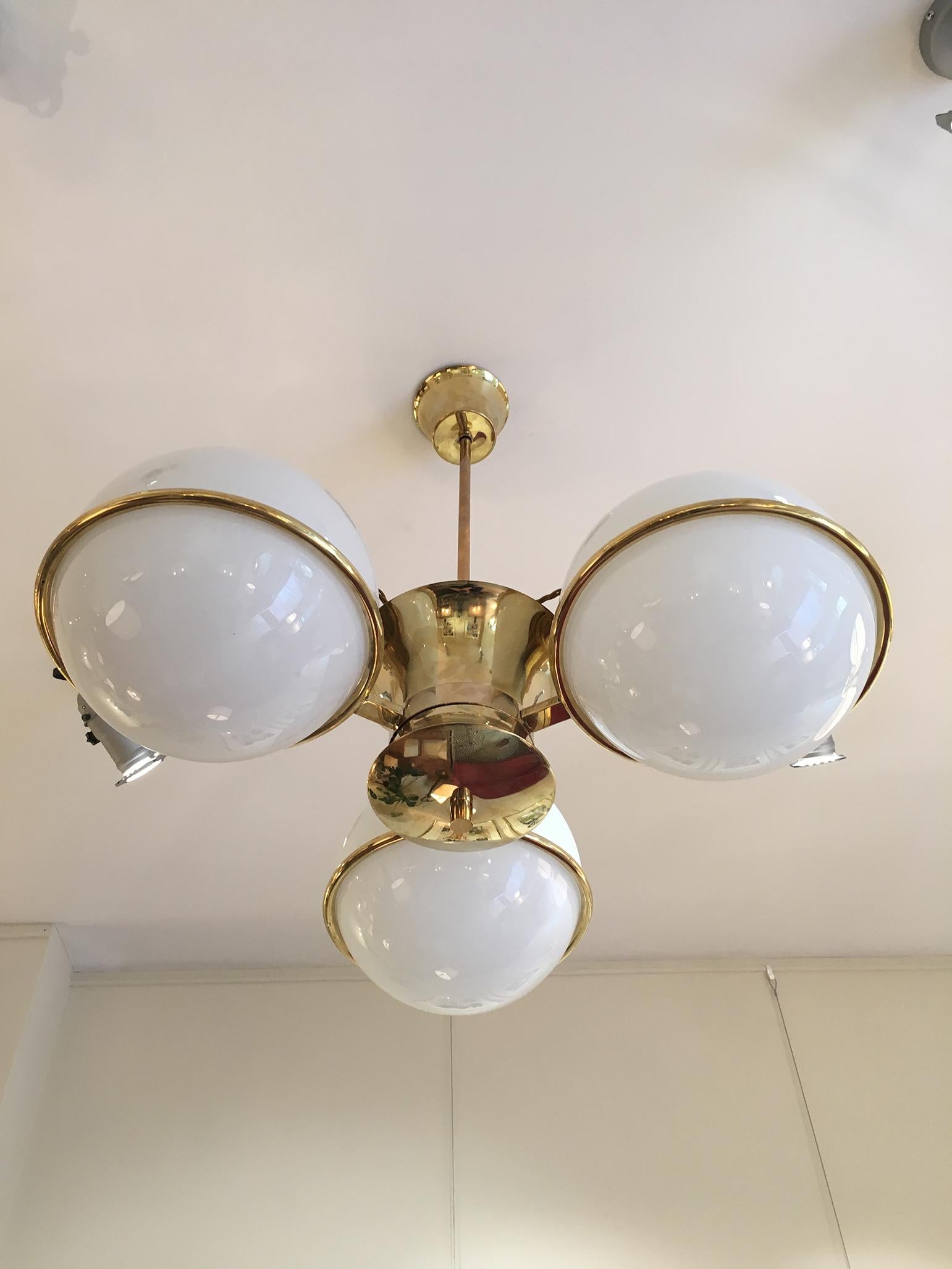 Pair of Midcentury Brass and Glass Globe Chandeliers 2