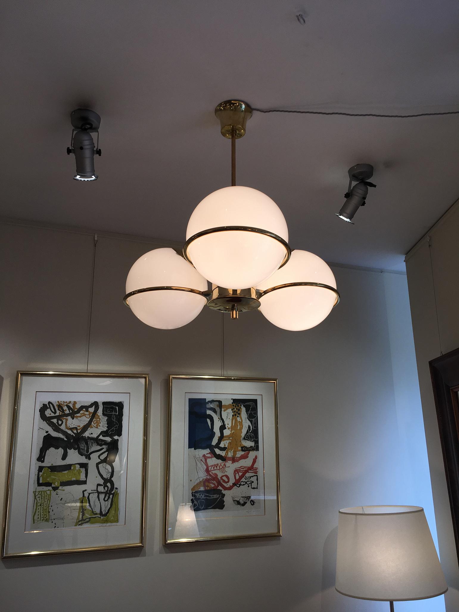Pair of Midcentury Brass and Glass Globe Chandeliers 3