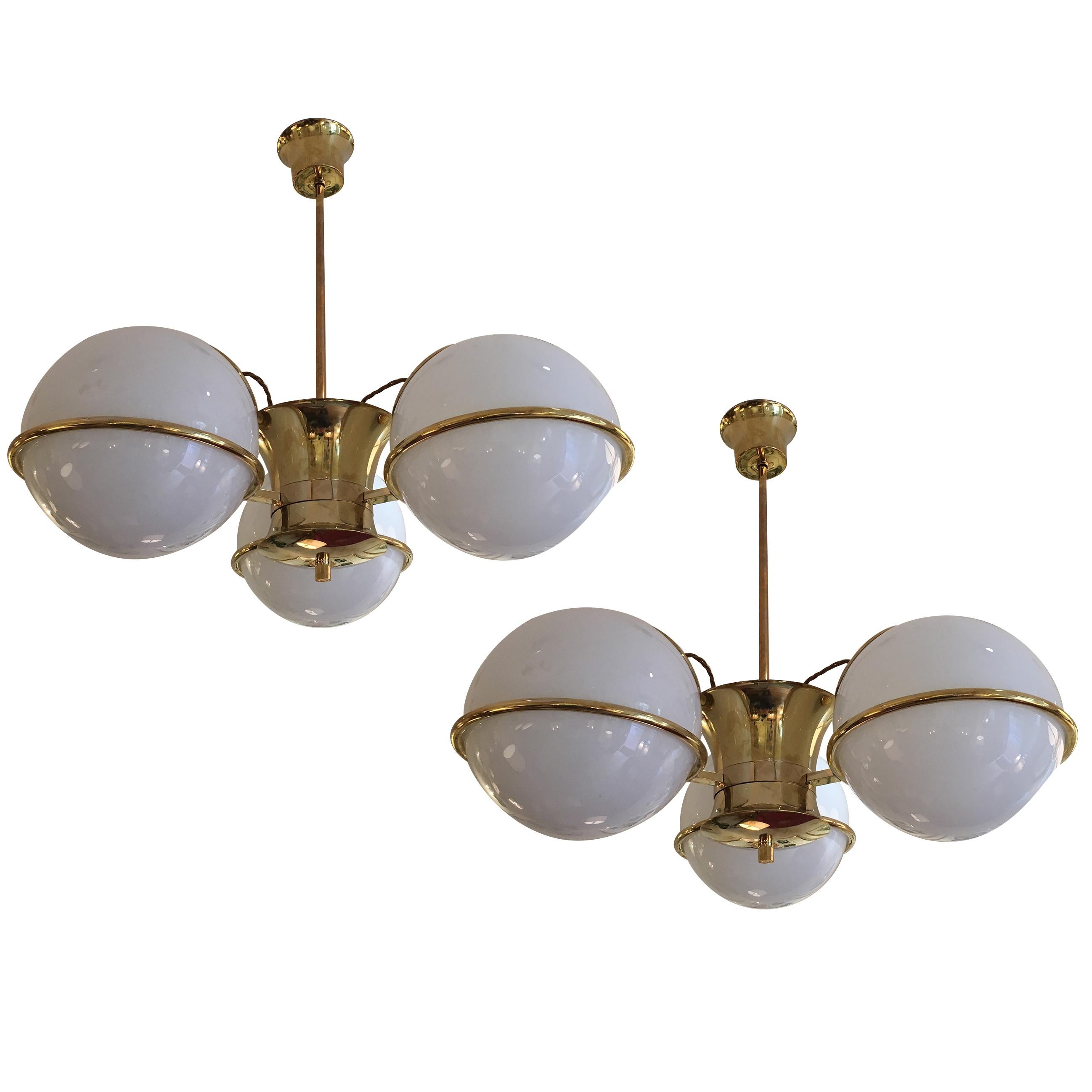 Pair of Midcentury Brass and Glass Globe Chandeliers